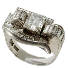 Emerald Cut and Baguette Diamonds Platinum Set Cocktail Ring, circa 1940
