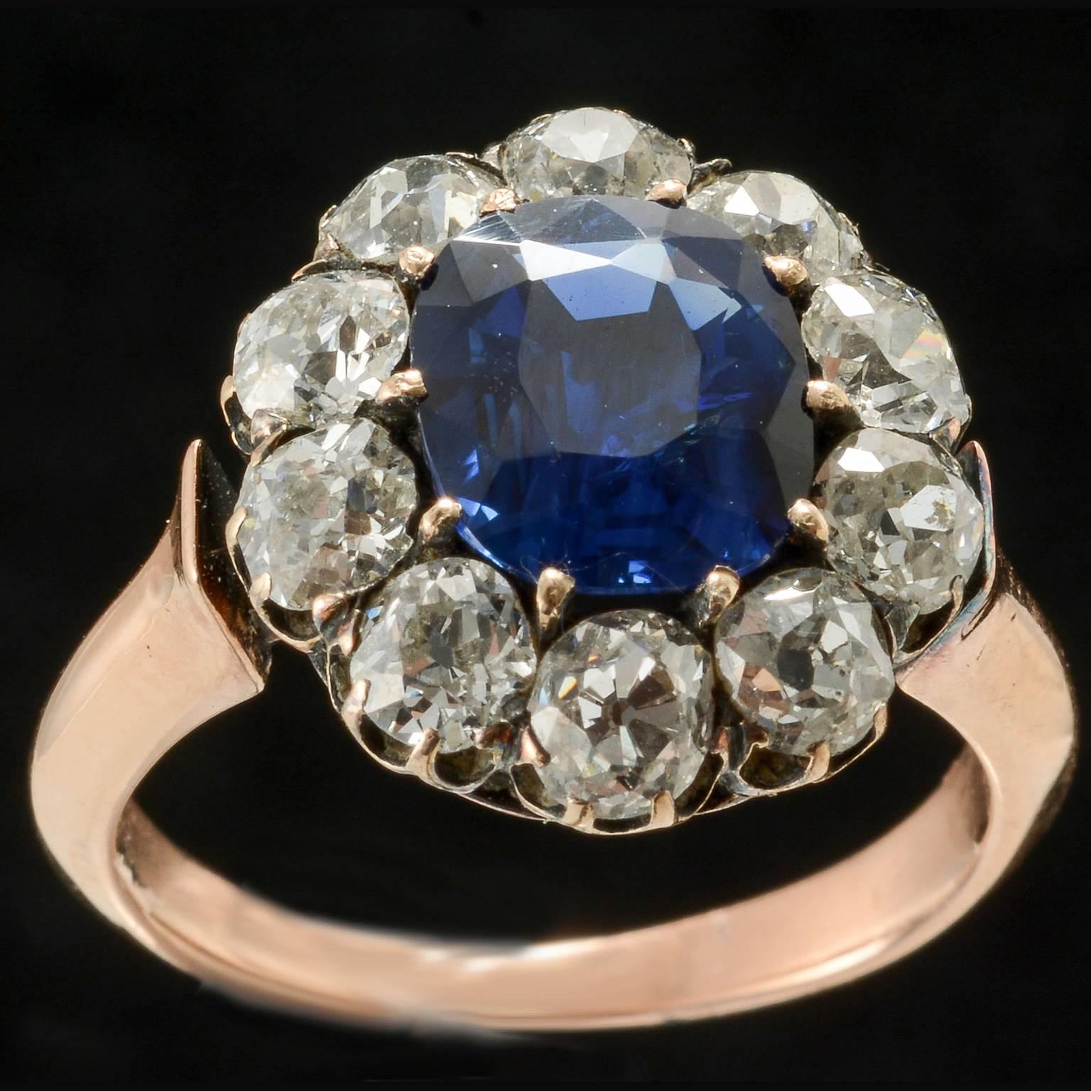 Victorian Natural Burmese Sapphire Diamond Gold Cluster Ring, circa 1880 2