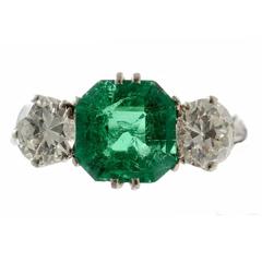 Edwardian Emerald and Diamond Three-Stone Platinum Ring, circa 1910