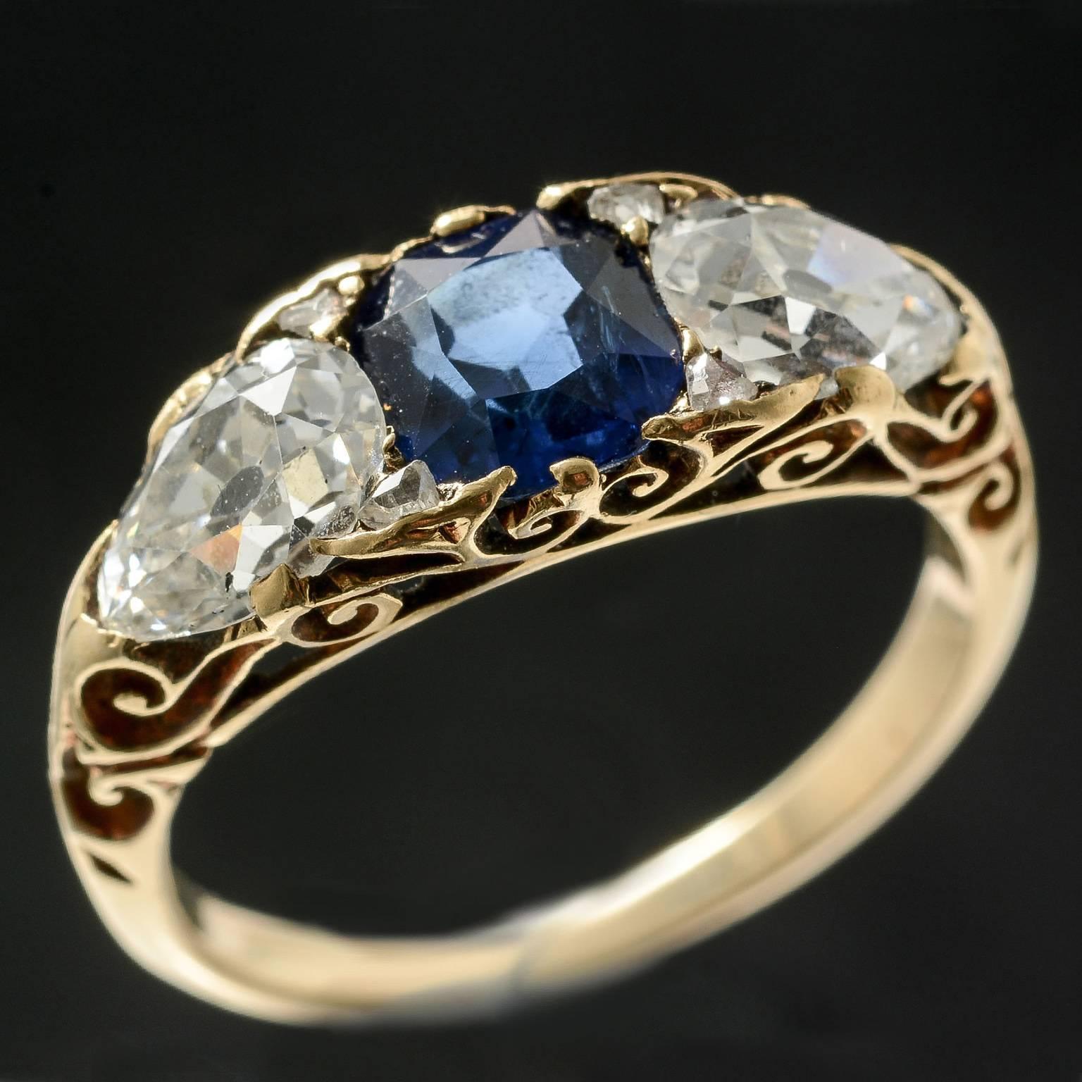 Women's Victorian Carved Half Hoop Burmese Sapphire and Diamond Ring, circa 1880 For Sale