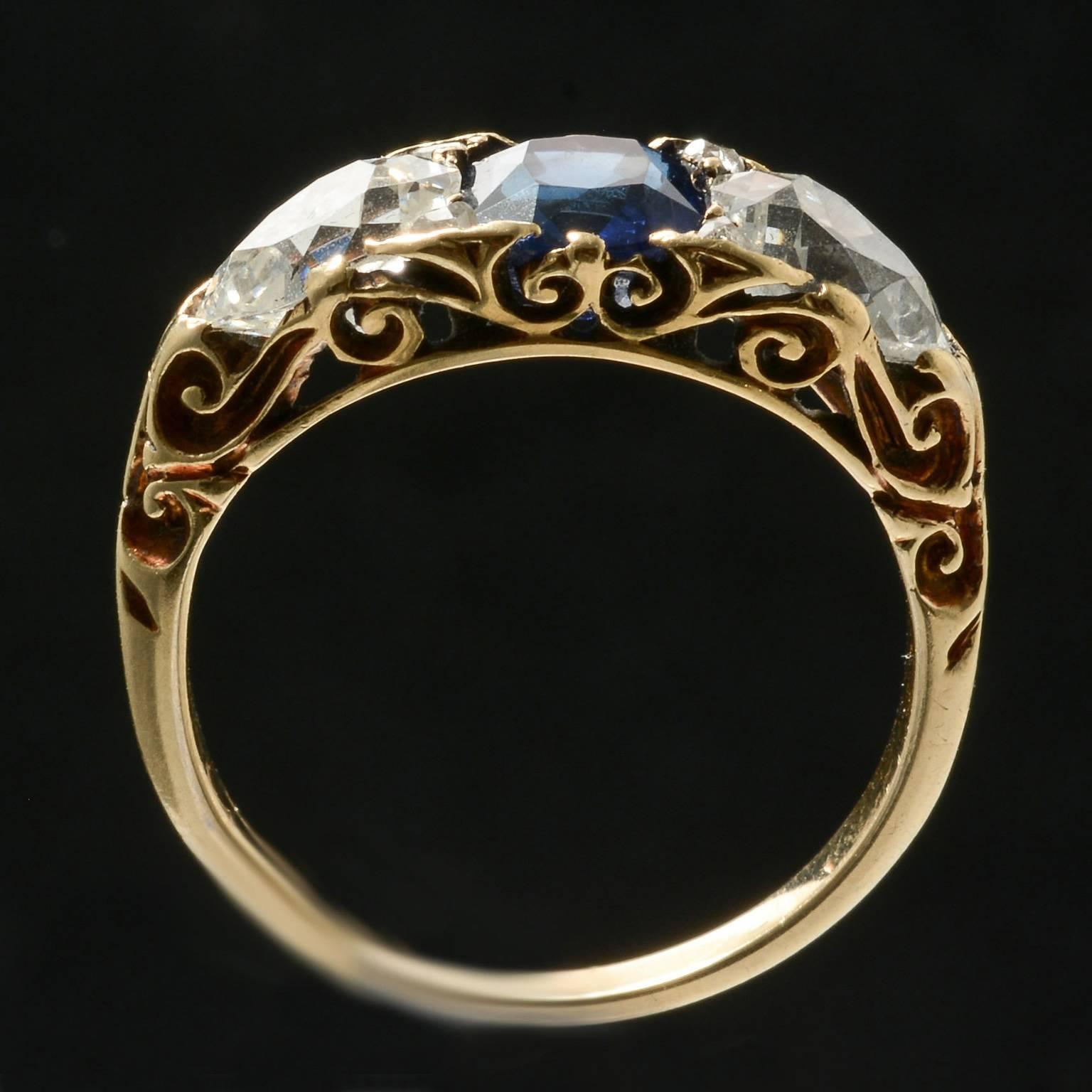 Victorian Carved Half Hoop Burmese Sapphire and Diamond Ring, circa 1880 In Good Condition For Sale In London, GB