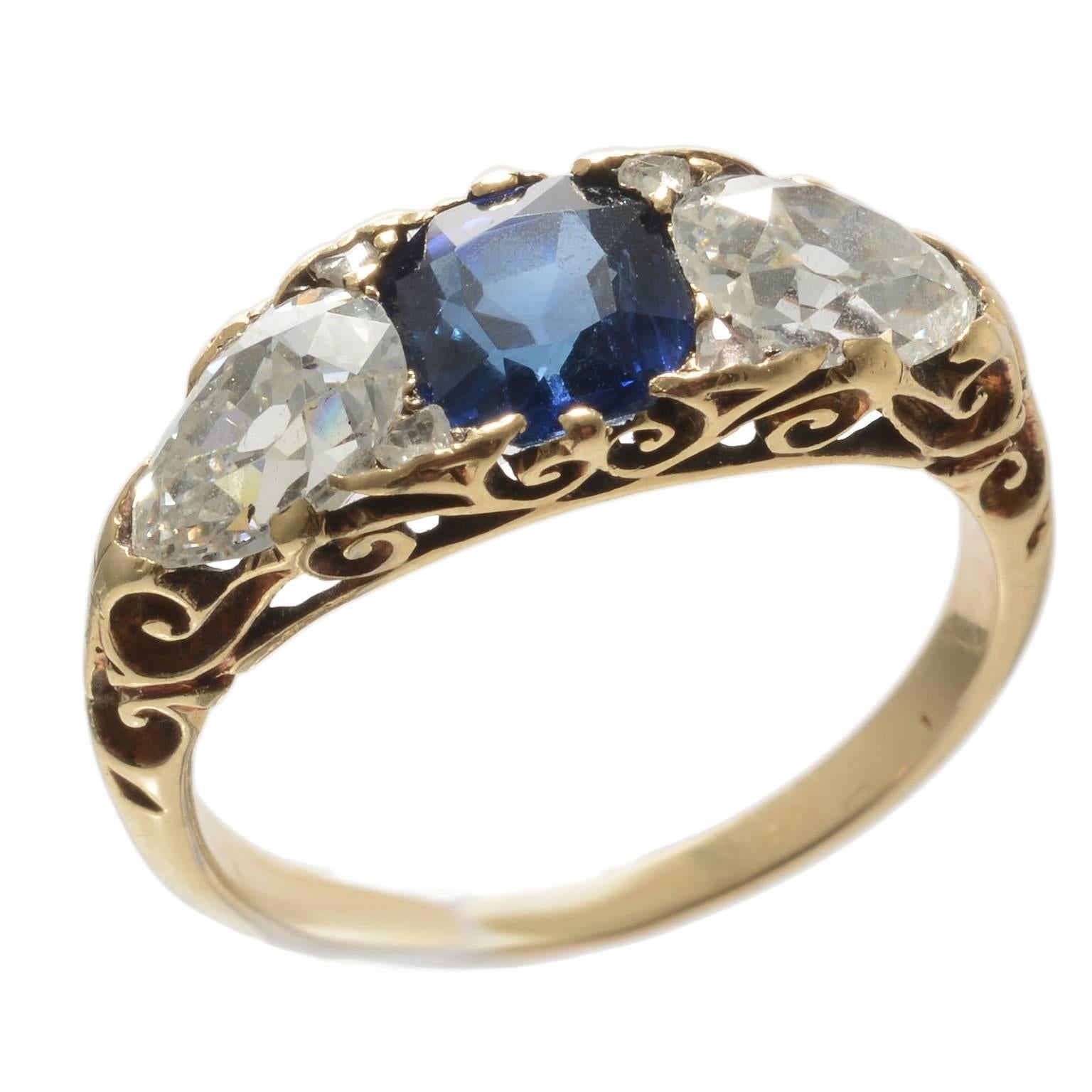 Victorian Carved Half Hoop Burmese Sapphire and Diamond Ring, circa 1880 For Sale