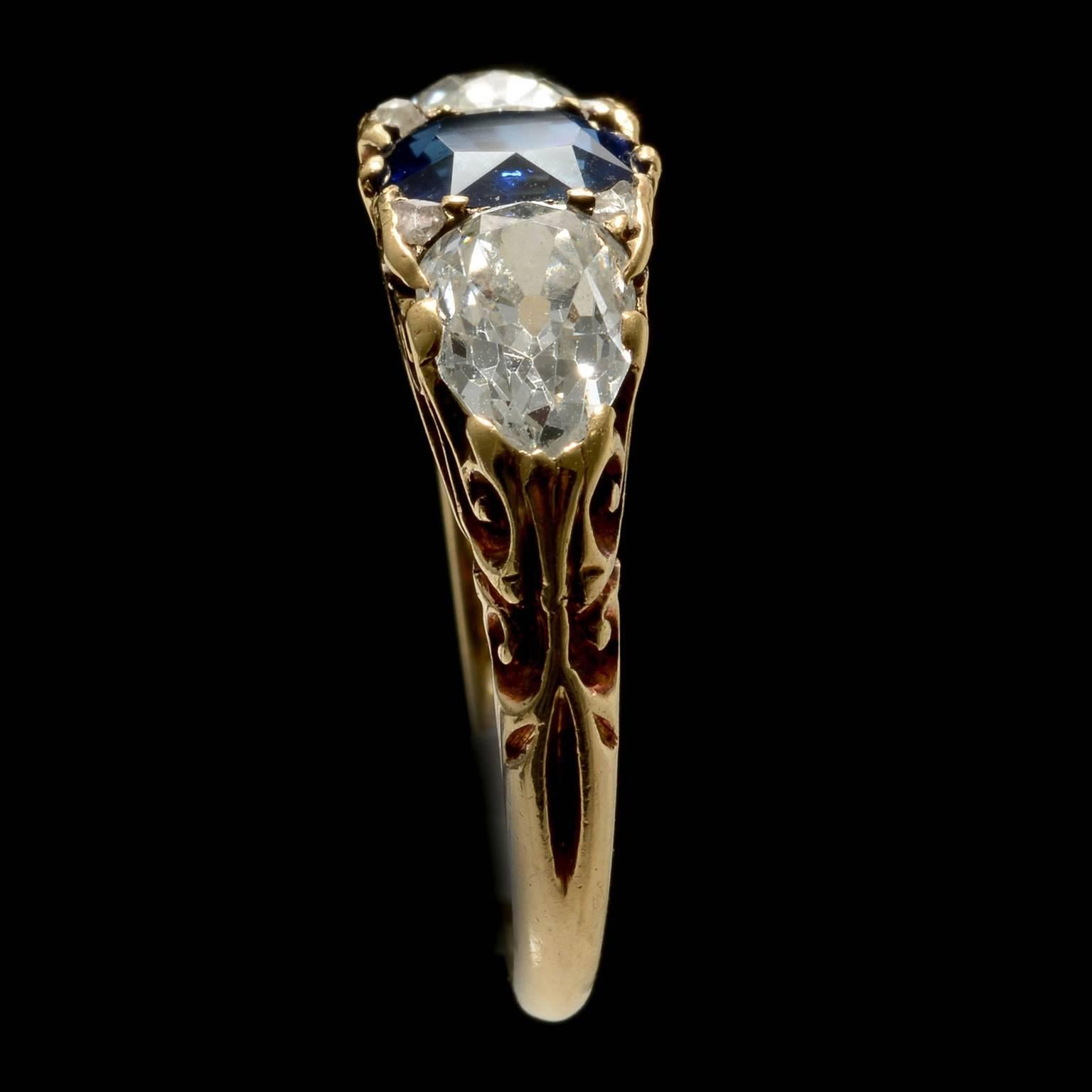 Victorian 18ct gold burmese sapphire and pear shaped diamond three stone ring 1880c