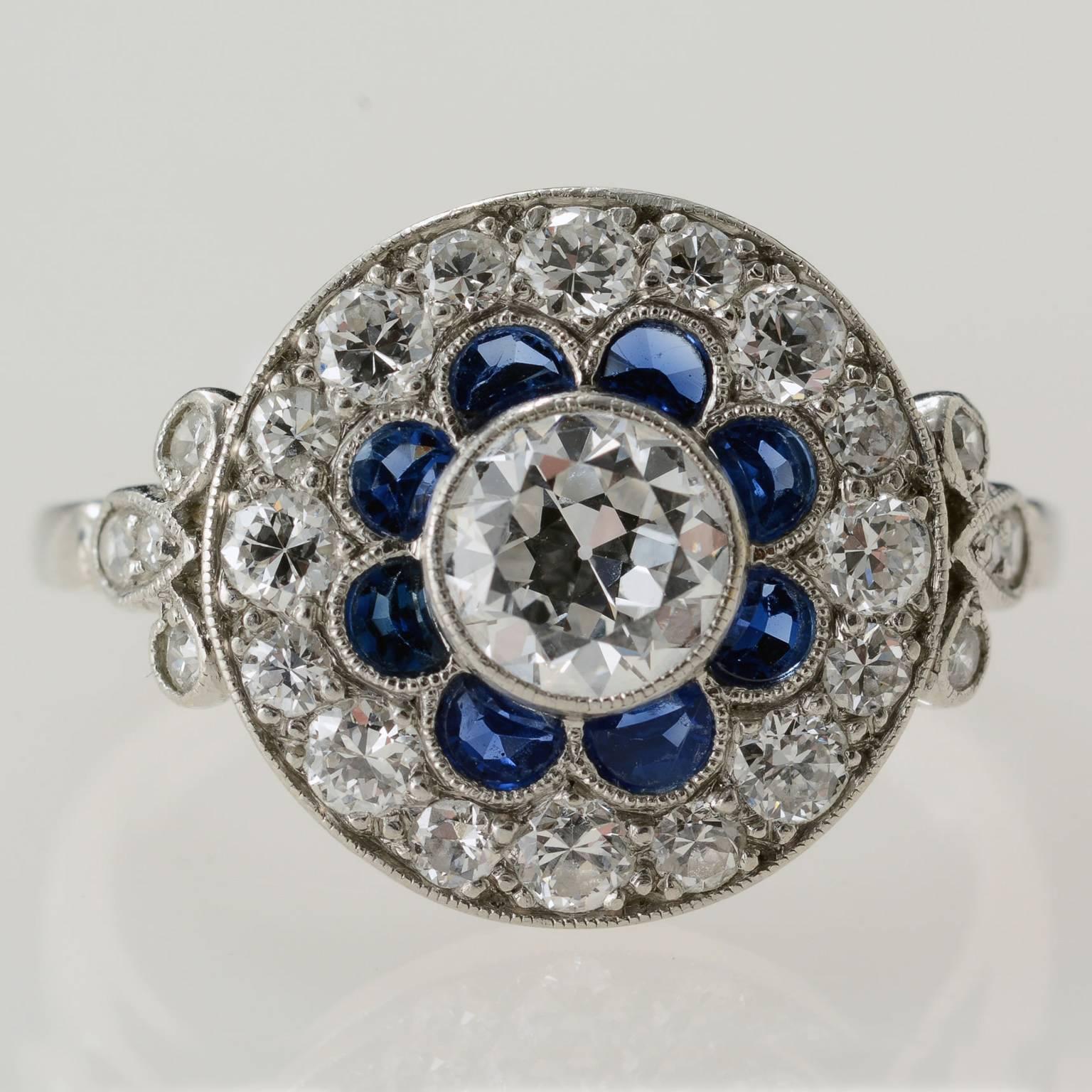 Women's Natural Calib're Sapphire Diamond Art Deco Cluster Ring circa 1920 Platinum Set For Sale