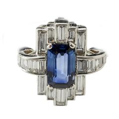 Antique Natural Certificated Burmese Sapphire and Baguette Diamond Art Deco Plat Ring