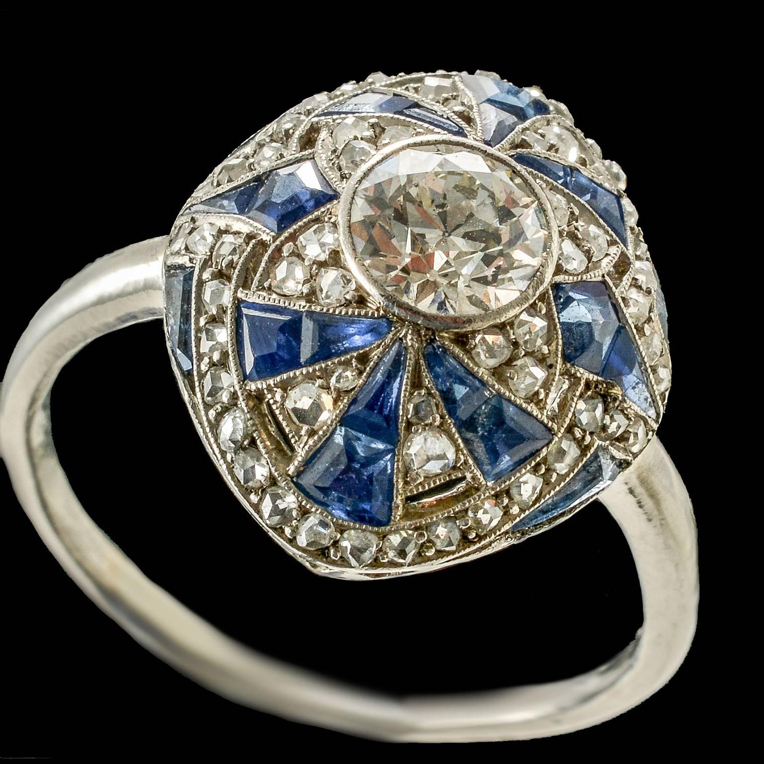 Women's 1920s Art Deco Diamond Sapphire Platinum Ring For Sale
