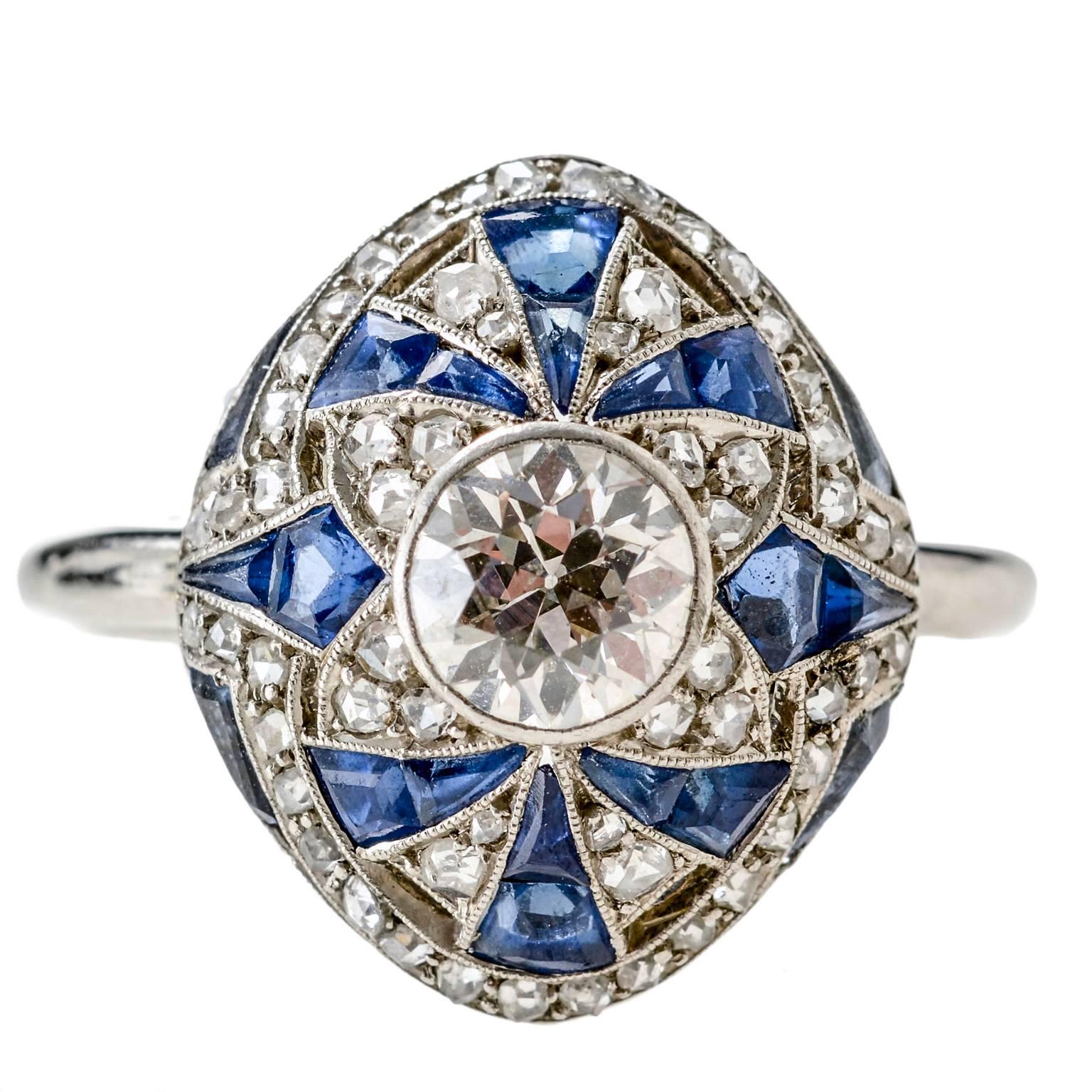 1920s Art Deco Diamond Sapphire Platinum Ring For Sale