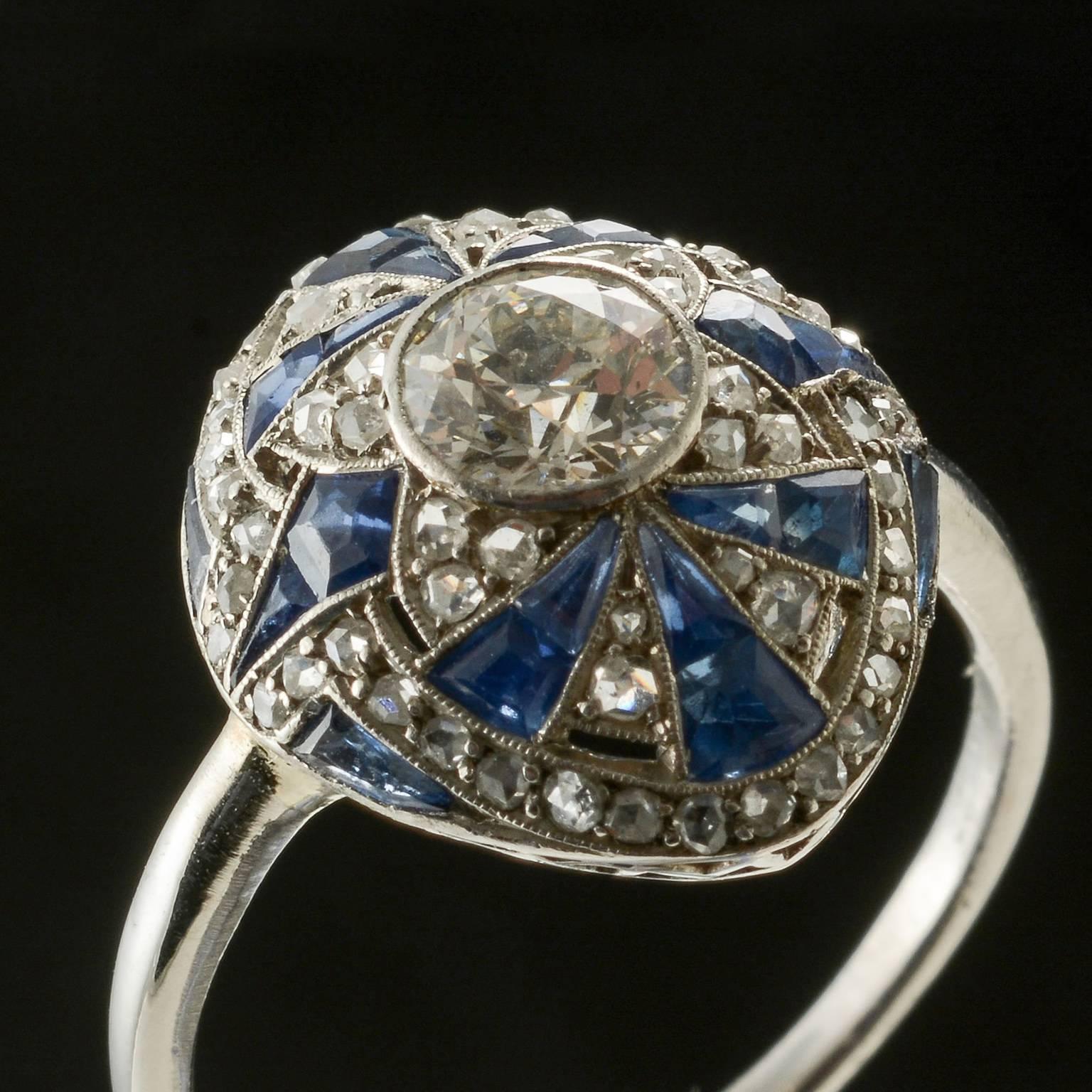 1920s Art Deco Diamond Sapphire Platinum Ring For Sale 1