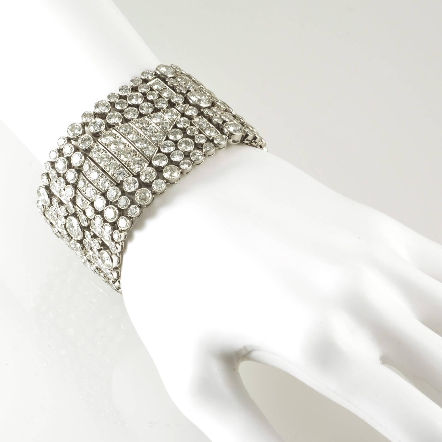 Women's 1920s Art Deco French Diamond Platinum Wide Bracelet