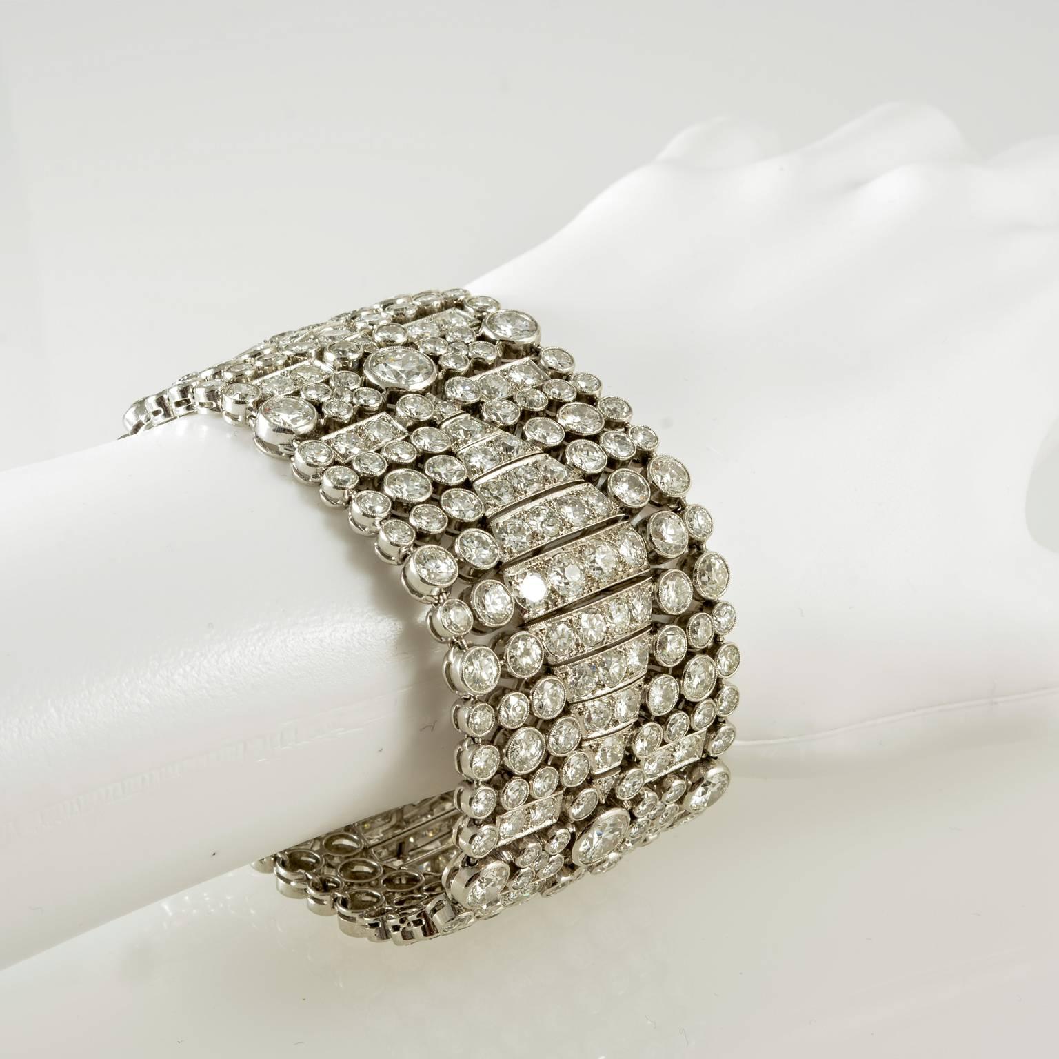 1920s Art Deco French Diamond Platinum Wide Bracelet 1