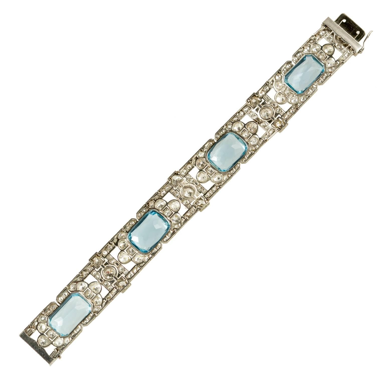 Edwardian fine colour Aquamarine and old cut diamond platinum set 1910c bracelet very impressive and rare