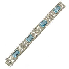 Antique Rare Important Edwardian Aquamarine Diamond Platinum Set Bracelet, circa 1910