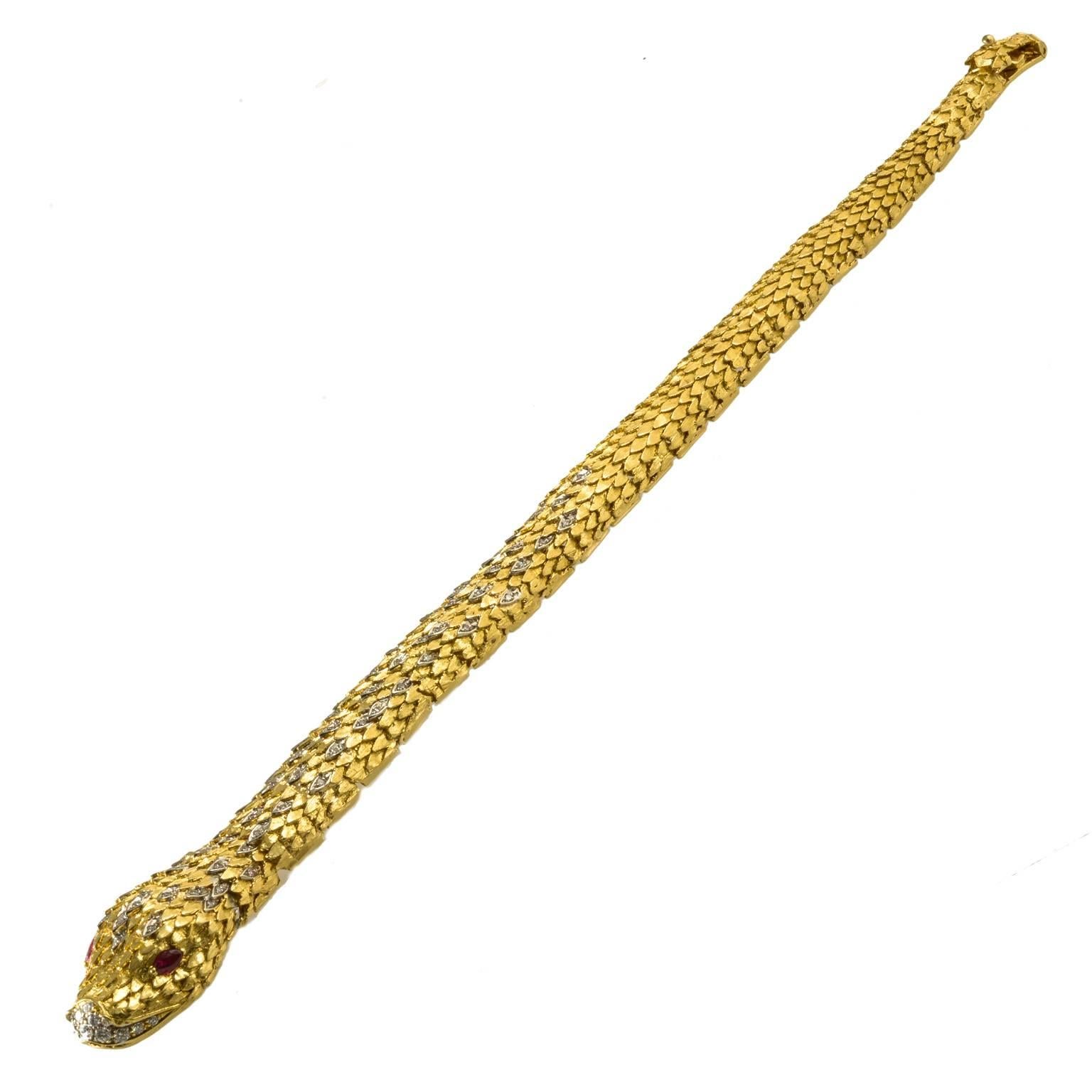 18ct gold flexible snake bracelet diamonds ruby eyes 1980c Italian