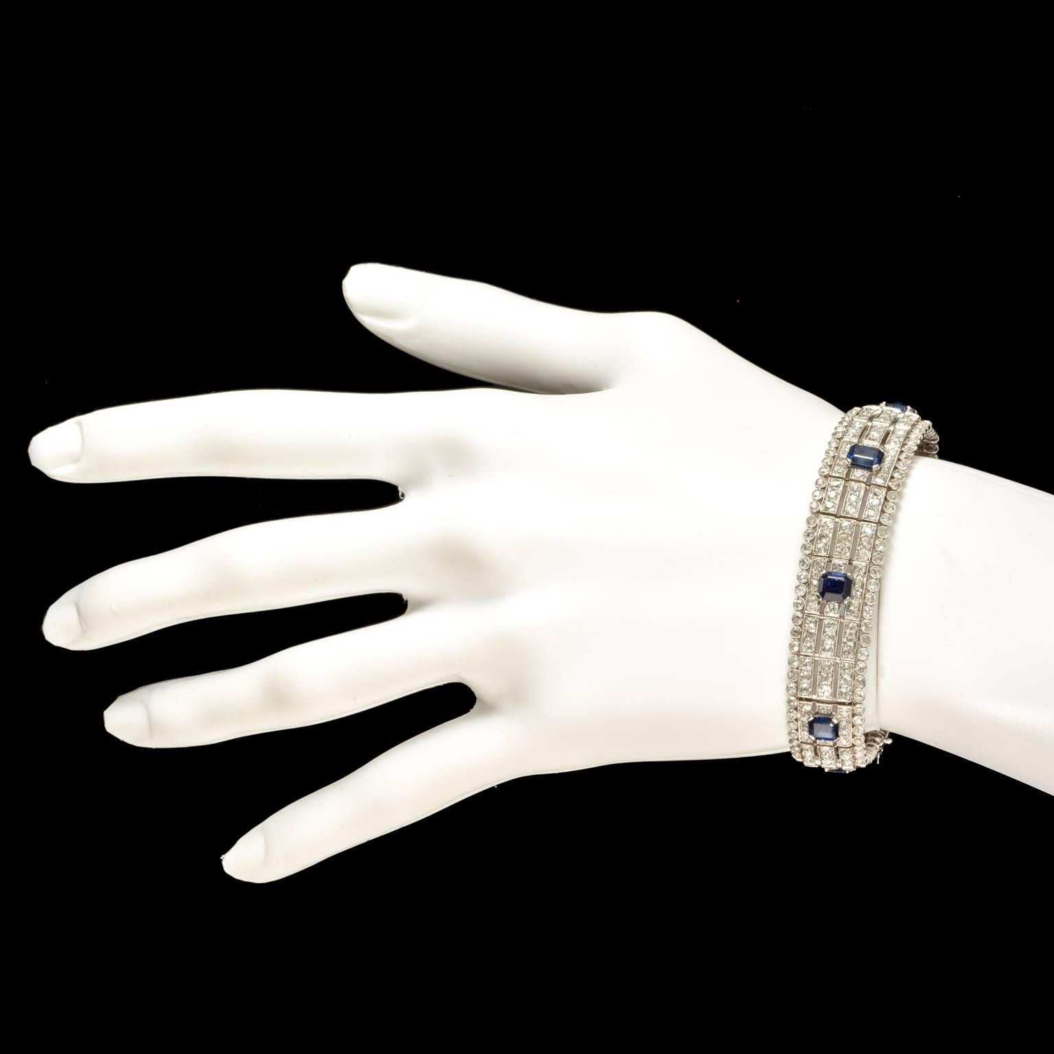 Women's Edwardian Platinum Set Diamond and Natural Burmese Sapphire Bracelet, circa 1910 For Sale