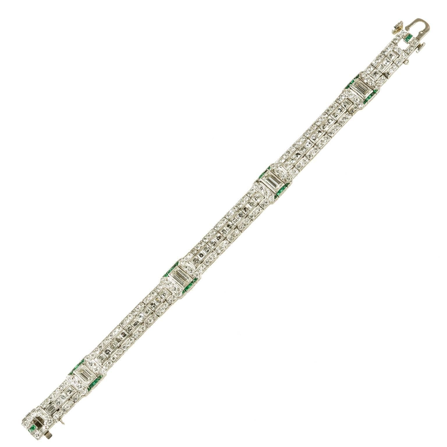 Art Deco Platinum Set Square Round Rectangular Diamond and Emerald Bracelet For Sale