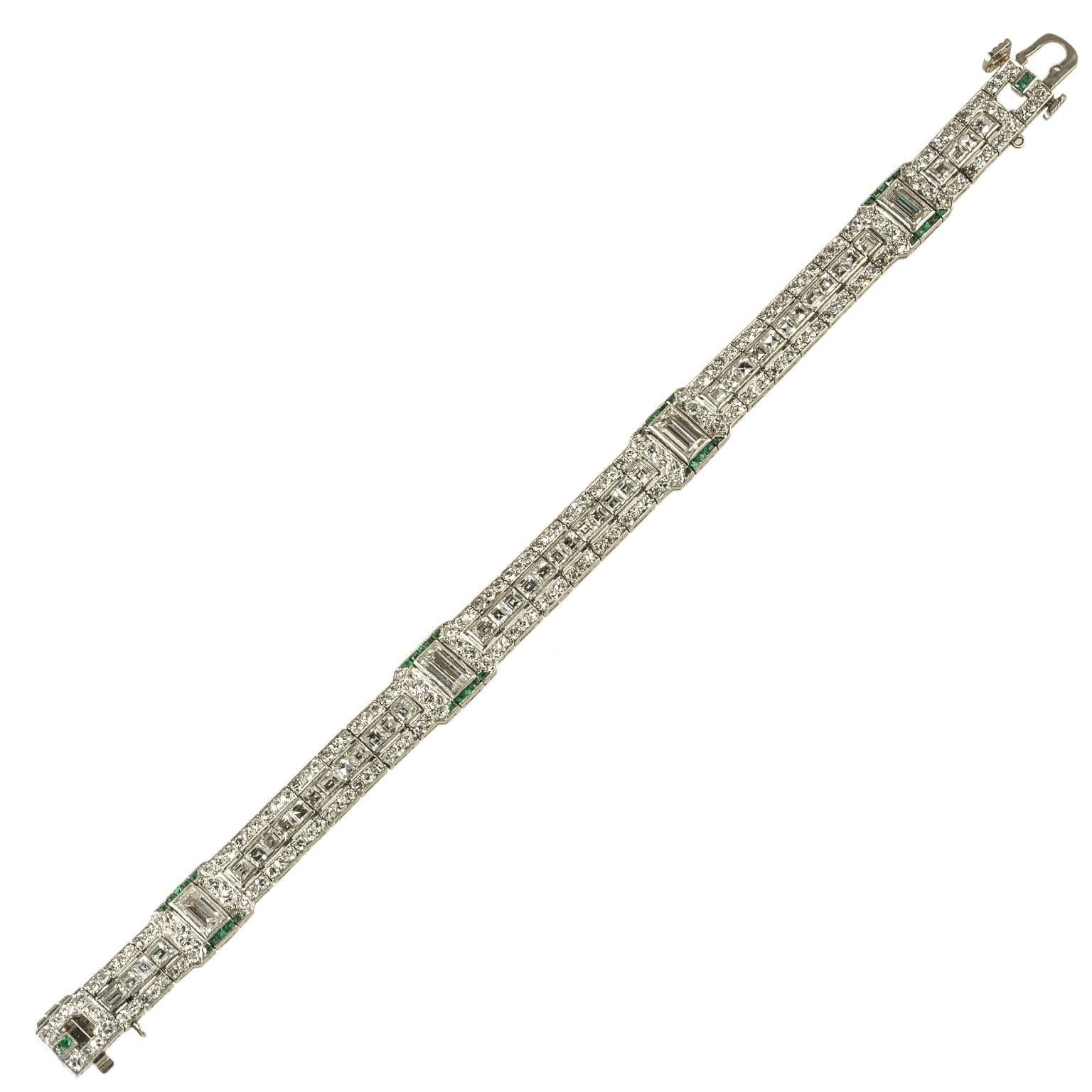 Women's Art Deco Platinum Set Square Round Rectangular Diamond and Emerald Bracelet For Sale