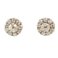 Antique Victorian Diamond Cluster Gold on Silver Cluster Earrings, circa 1890