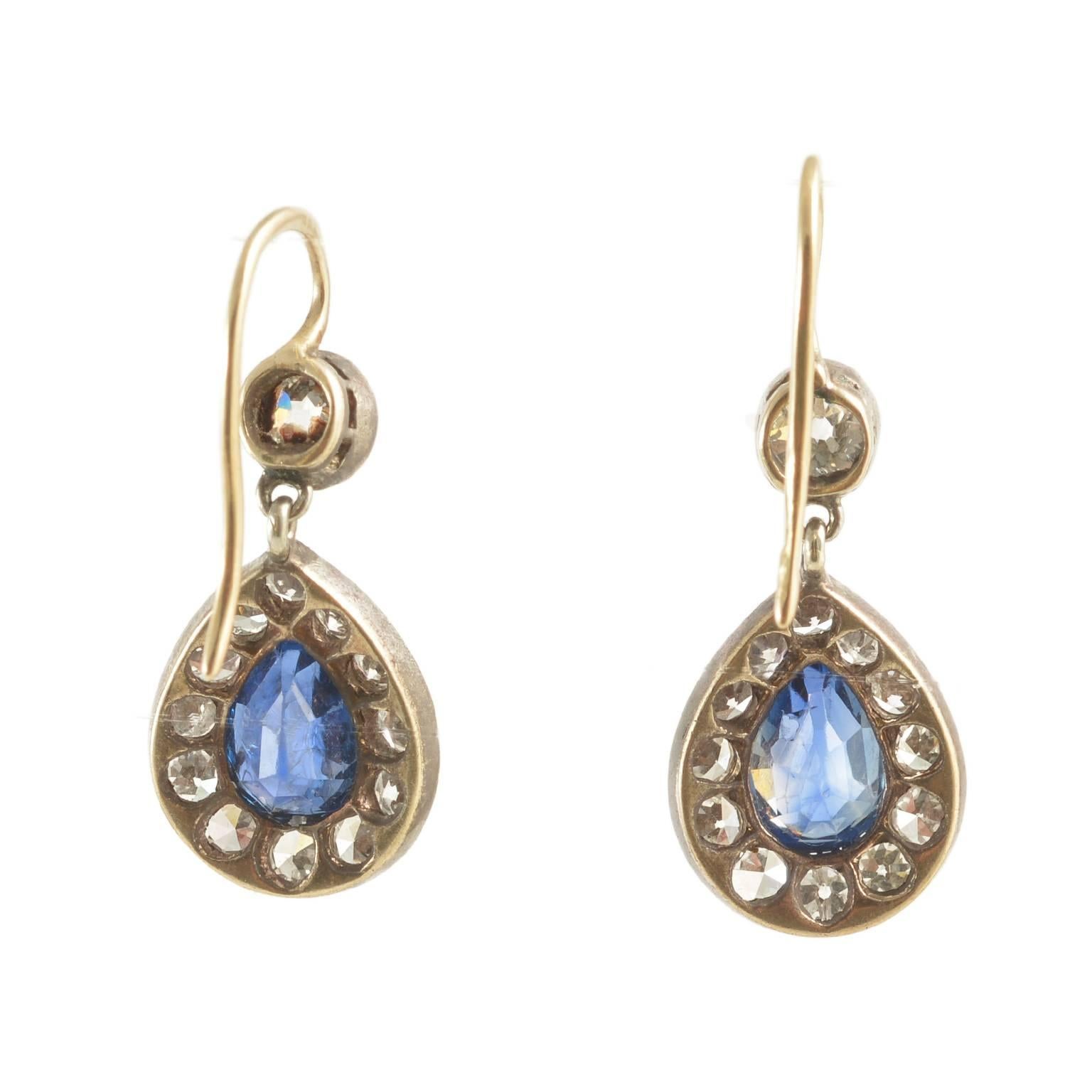 Edwardian pear shaped natural sapphire and diamond platinum on gold earrings 1910c