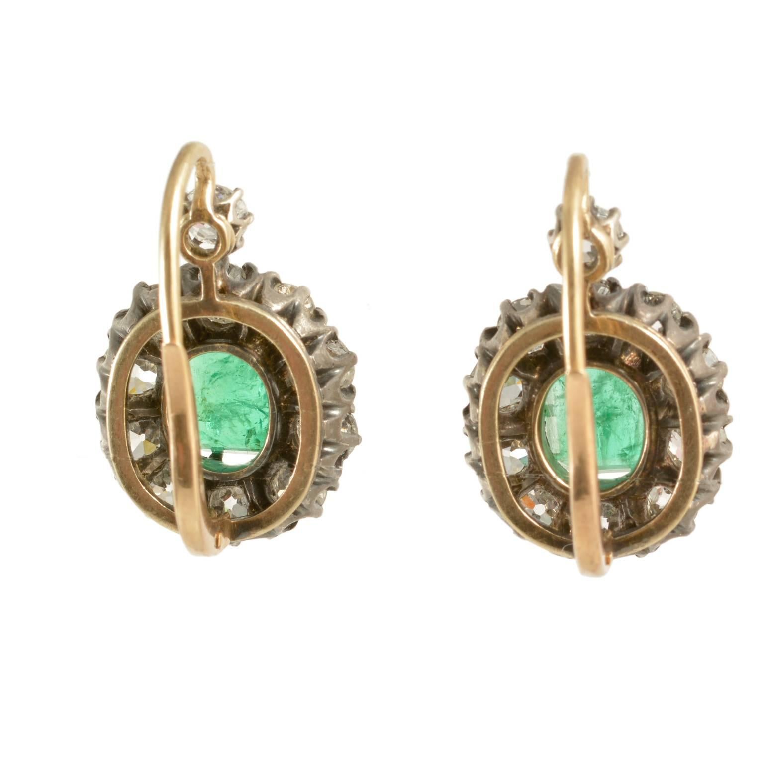 Victorian gold on silver Emerald and old cut diamond drop earrings 1895c