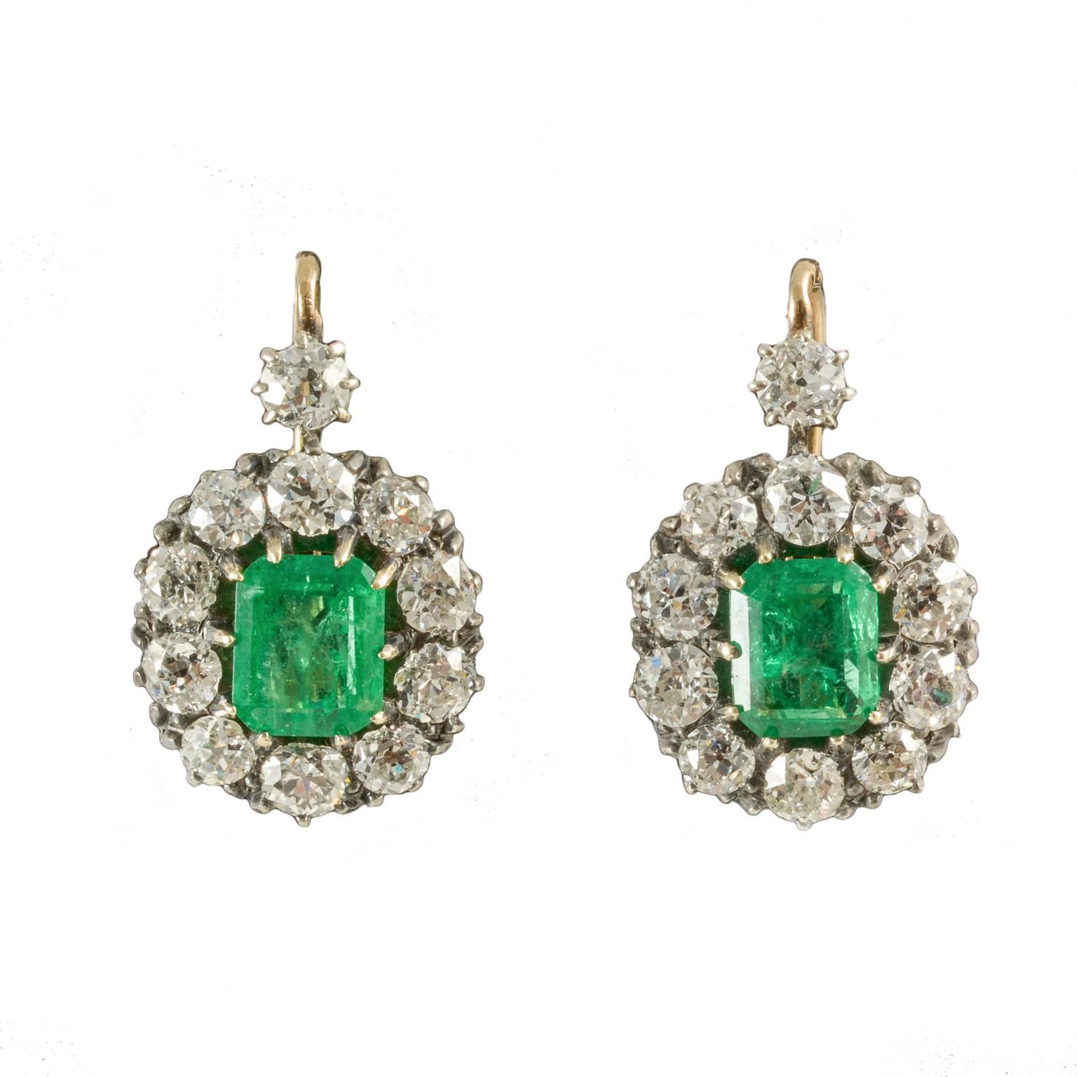 Emerald Diamond Drop Cluster Victorian Earrings, circa 1895