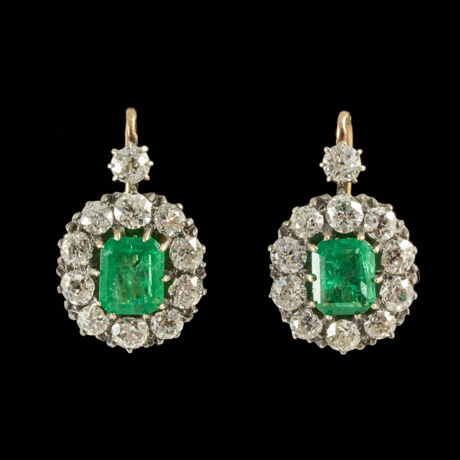 Emerald Diamond Drop Cluster Victorian Earrings, circa 1895 1