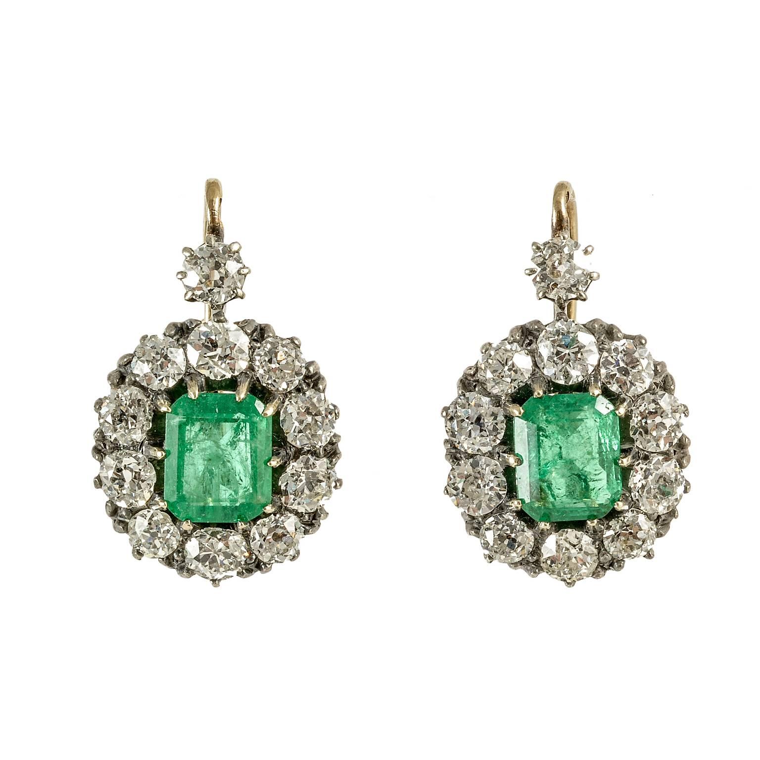 Women's Emerald Diamond Drop Cluster Victorian Earrings, circa 1895