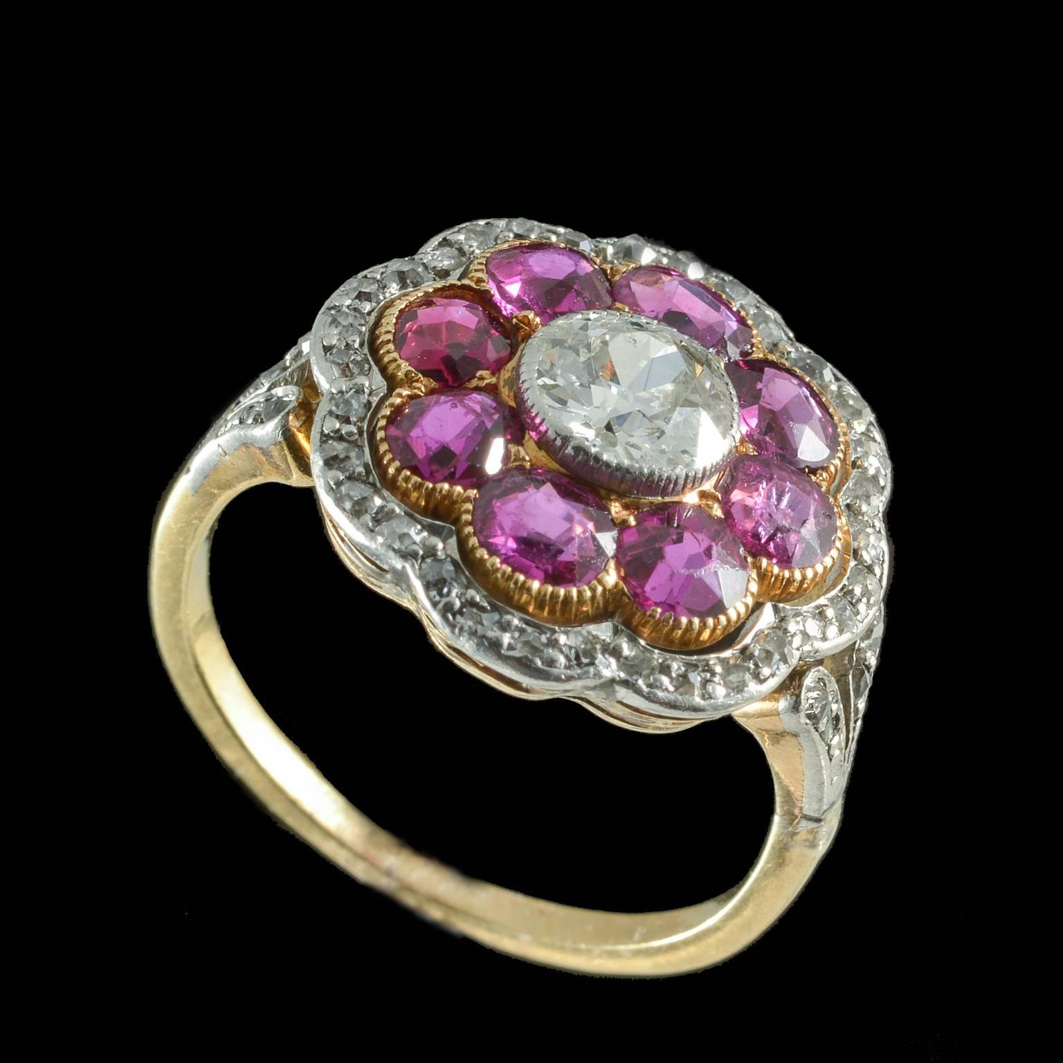 Edwardian Natural Unheated Burmese Rubies and Diamond Cluster Ring, circa 1910 For Sale 5