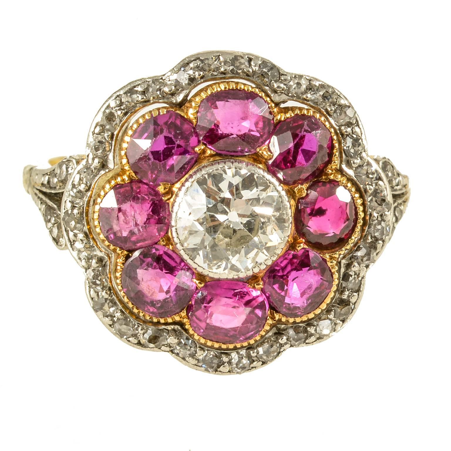 Edwardian Natural Unheated Burmese Rubies and Diamond Cluster Ring, circa 1910 For Sale 1