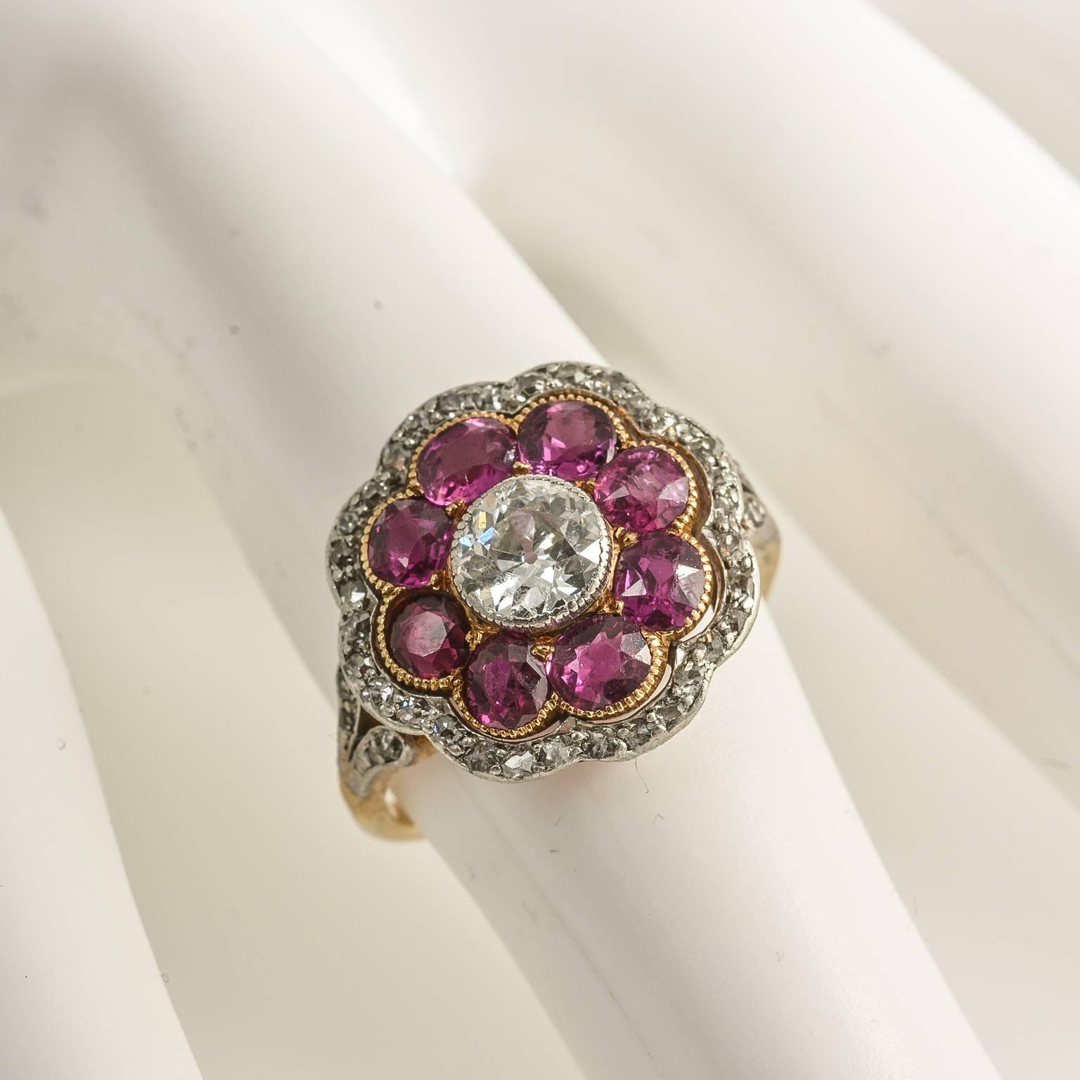 Edwardian Natural Unheated Burmese Rubies and Diamond Cluster Ring, circa 1910 For Sale 2