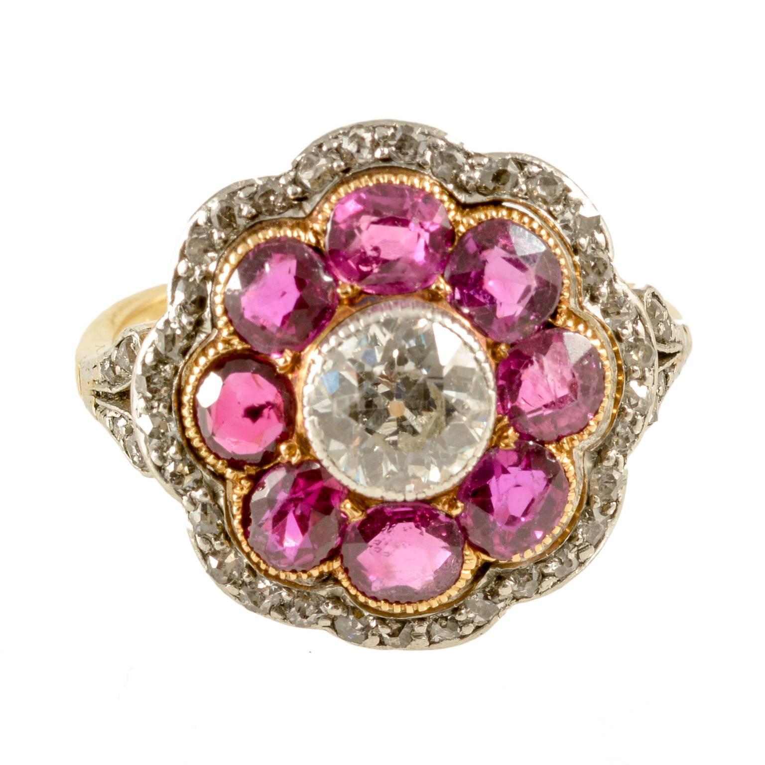Edwardian Natural Unheated Burmese Rubies and Diamond Cluster Ring, circa 1910 For Sale
