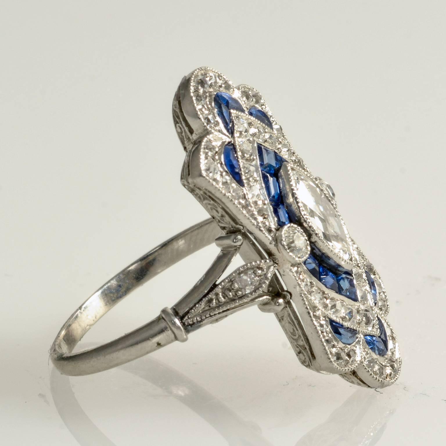 Fabulous Art Deco natural calibre sapphire and diamond Marquee diamond and diamond marquee shaped ring 1920c