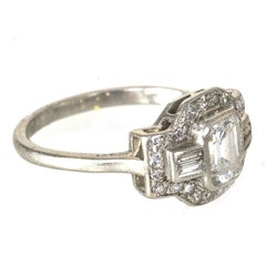 Art Deco Platinum Emerald Cut Diamond Baguette and Round Diamonds Ring