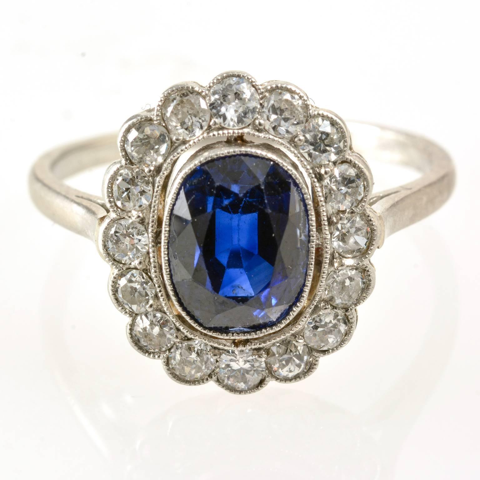 Edwardian Natural Sapphire and Diamond Cluster Ring, circa 1910 For Sale 1