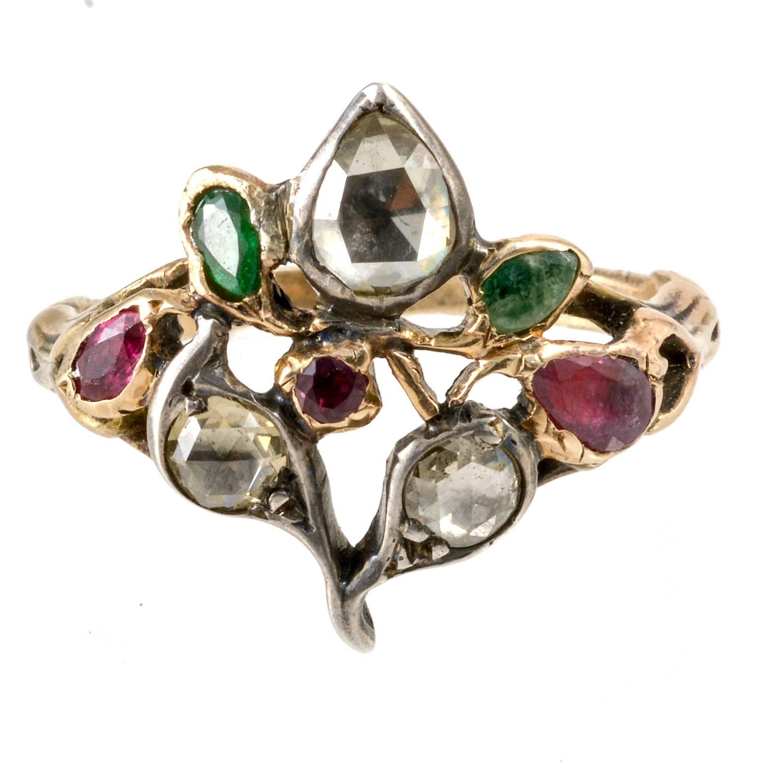 Rose Diamonds Rubies Emeralds Gold Silver Gardinetti Georgian Ring In Good Condition For Sale In London, GB