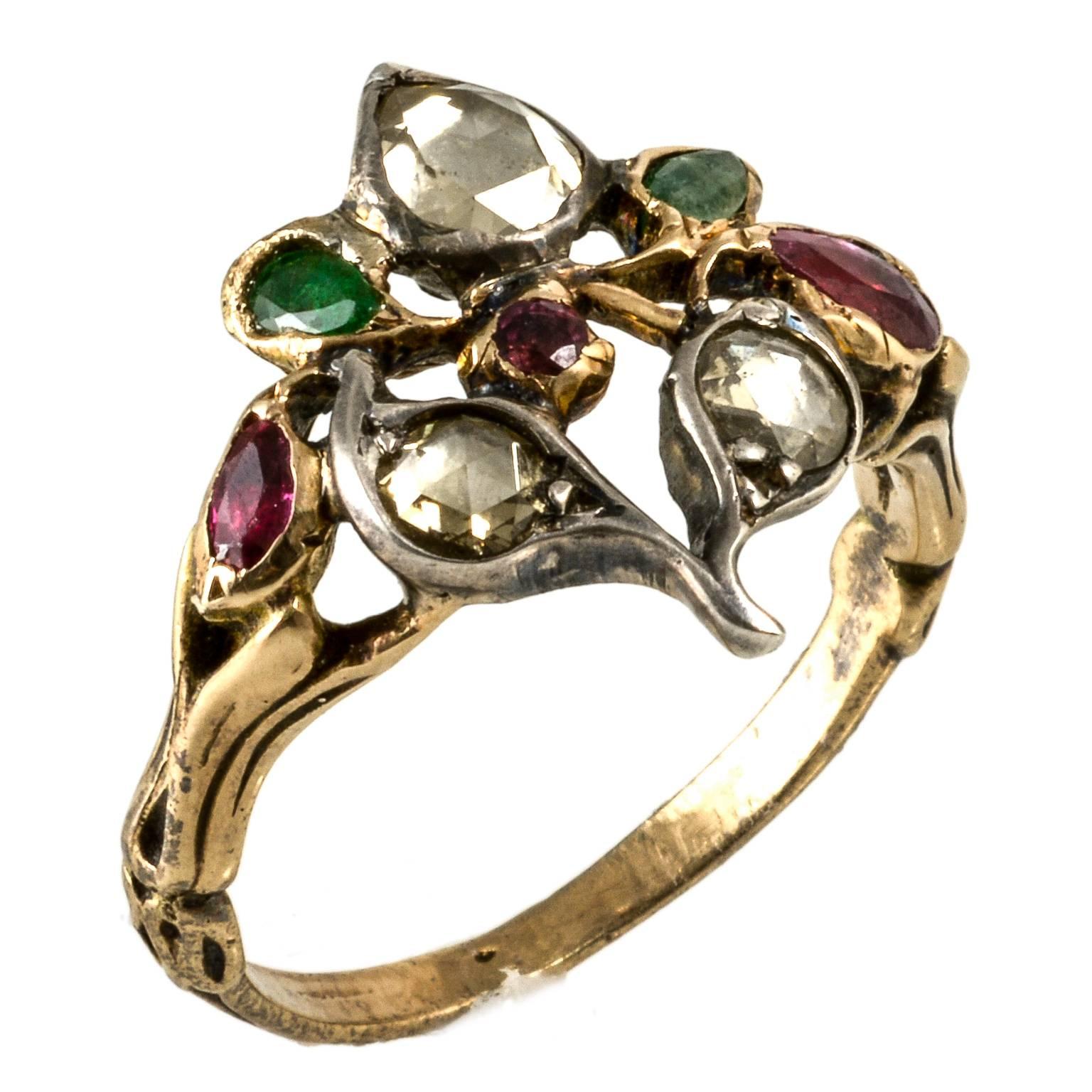 Rose Diamonds Rubies Emeralds Gold Silver Gardinetti Georgian Ring For Sale