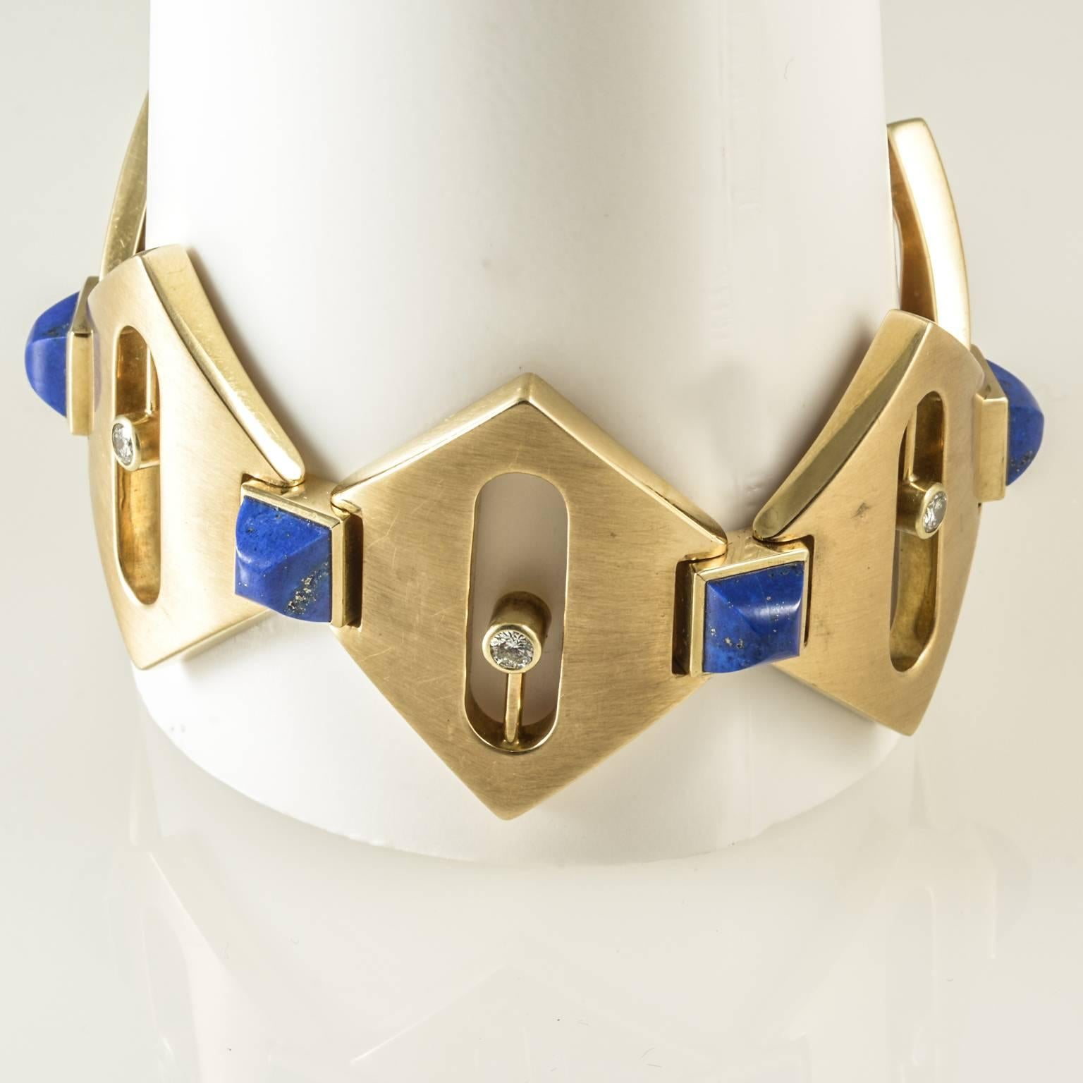 1970s Lapis Diamond Gold Stylistic German Bracelet In Good Condition In London, GB