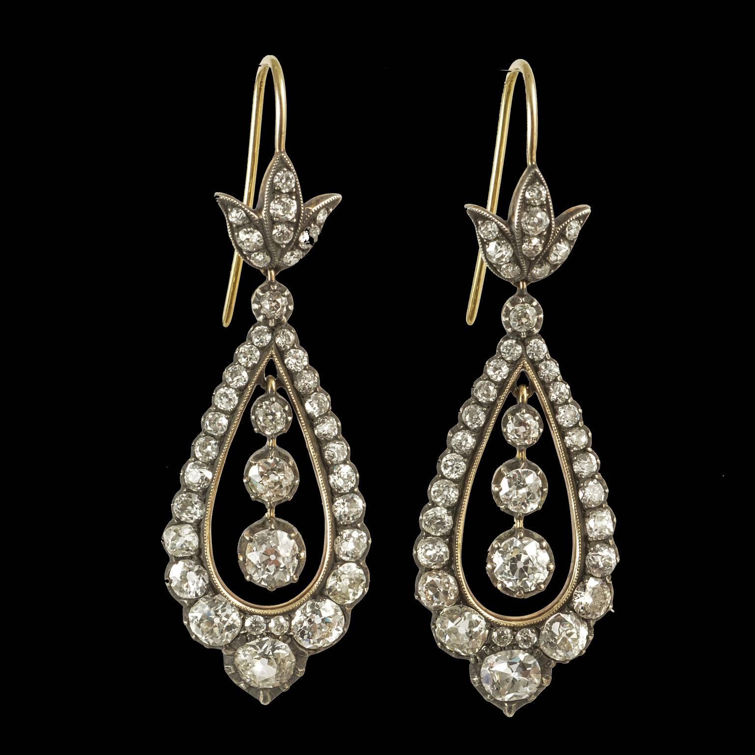 Victorian diamond drop earrings gold on silver old cut fine diamonds gold on silver set 1880c