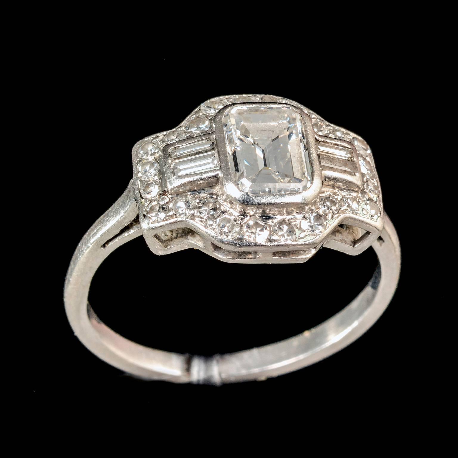 Art Deco Platinum Emerald Cut Diamond Baguette and Round Diamonds Ring For Sale 2