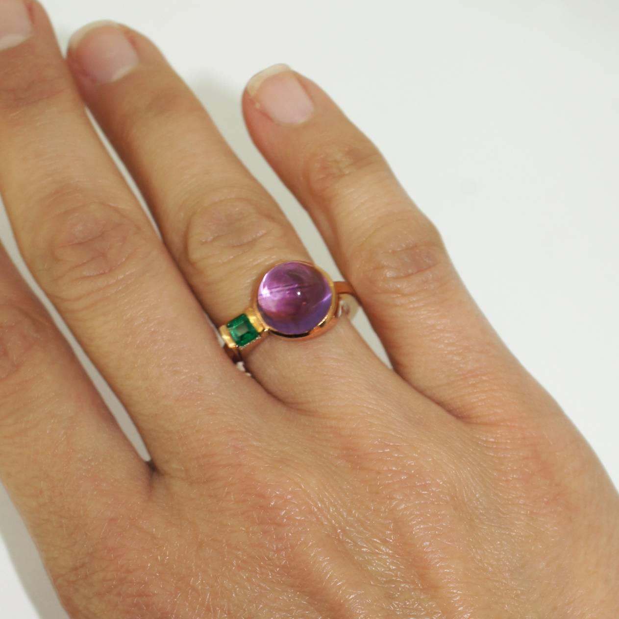 Emerald Cut Lizunova Amethyst and Emerald Rose Gold Cluster Ring For Sale