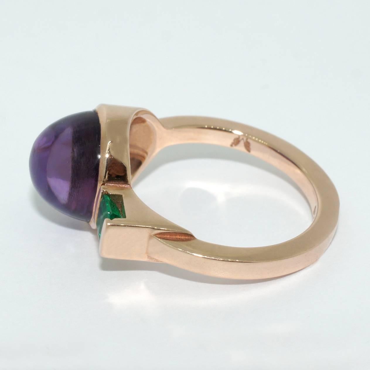 Contemporary Lizunova Amethyst and Emerald Rose Gold Cluster Ring For Sale