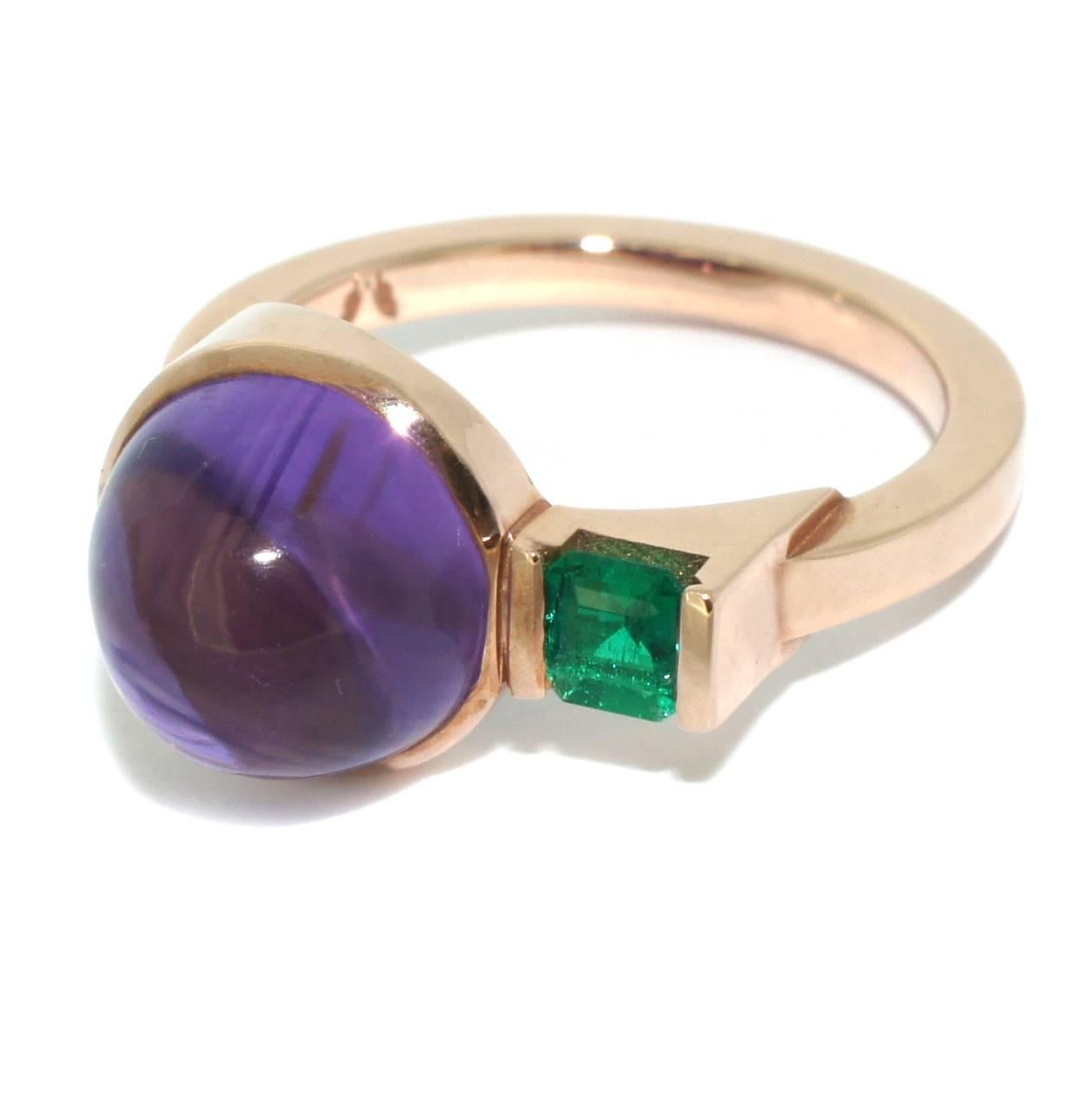 Clean lines of Art Deco architecture were the inspiration behind this ring. A bold combination of a bright green Colombian emerald with a royal purple Brazilian amethyst give this ring a pop of colour. Set in 9 karat rose gold, this ring is modern