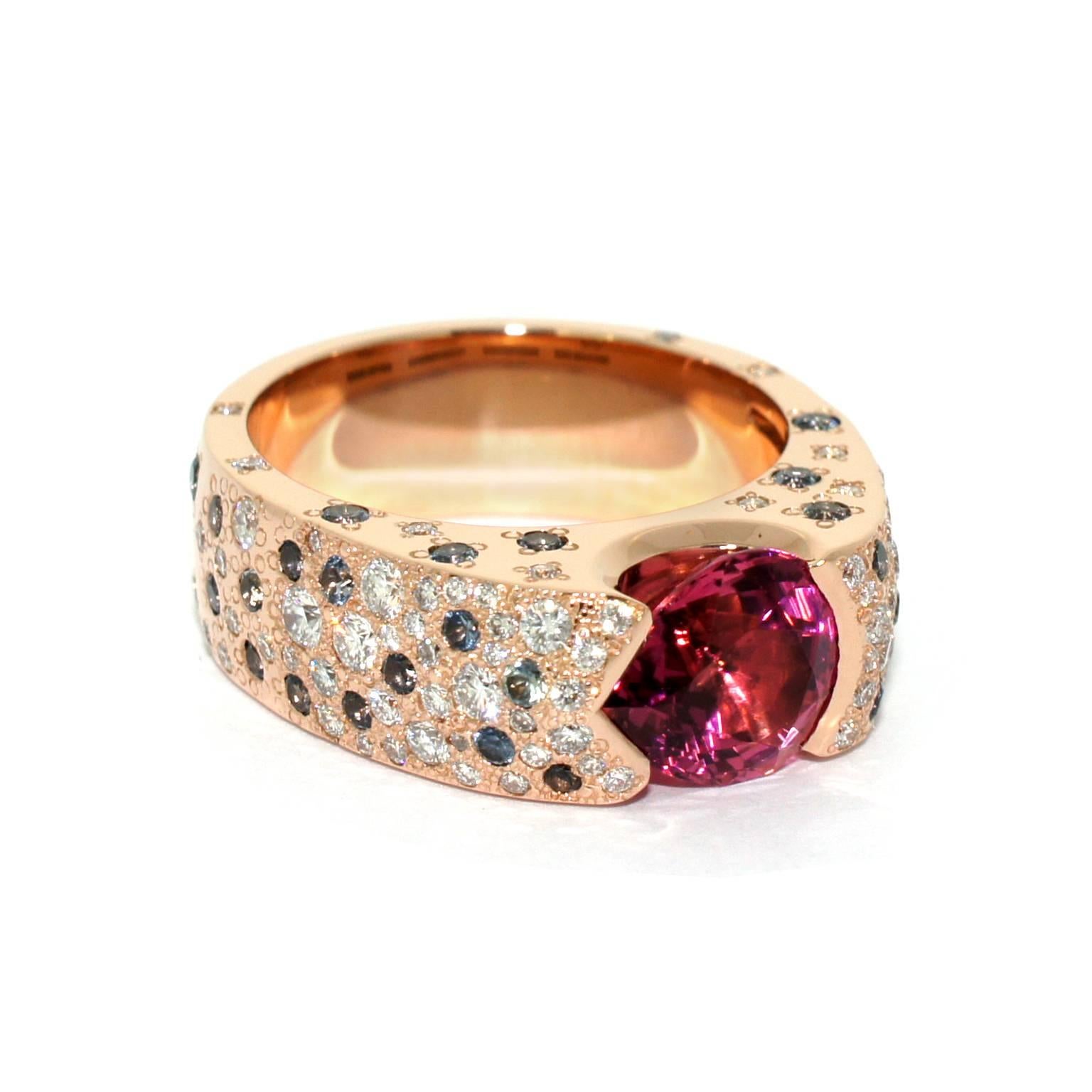 Lizunova Pink Tourmaline Sapphire Diamond Rose Gold Ring For Sale 3