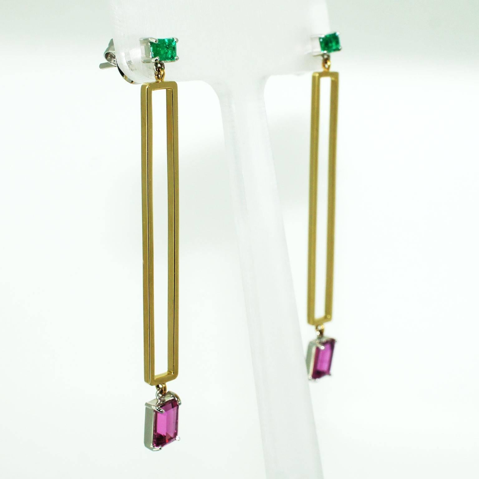 Lizunova Emerald and Pink Spinel Drop Earrings In New Condition In Sydney, NSW