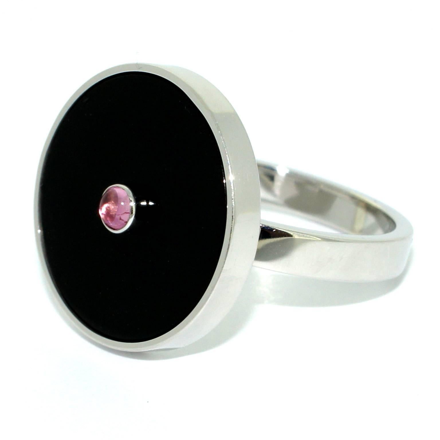 Contemporary Lizunova Onyx and Pink Tourmaline White Gold Ring For Sale