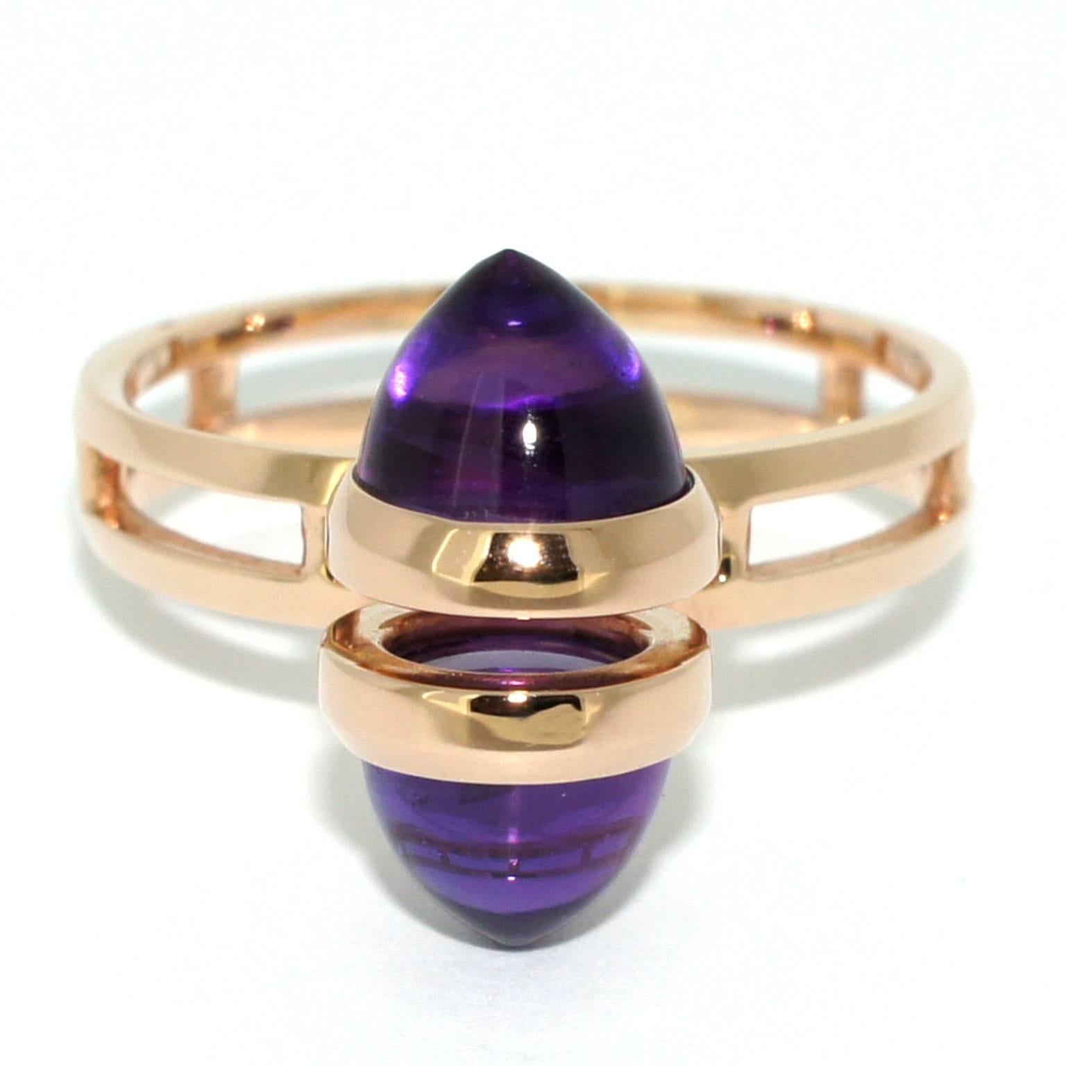 Crafted in Sydney, in 9 karat rose gold, this striking contemporary ring features two beautiful royal purple Brazilian amethysts, set atop a double band in a tandem formation.

Ring size Q (UK/Australian), 8 1/4 (US), 57.5 (European). Complimentary