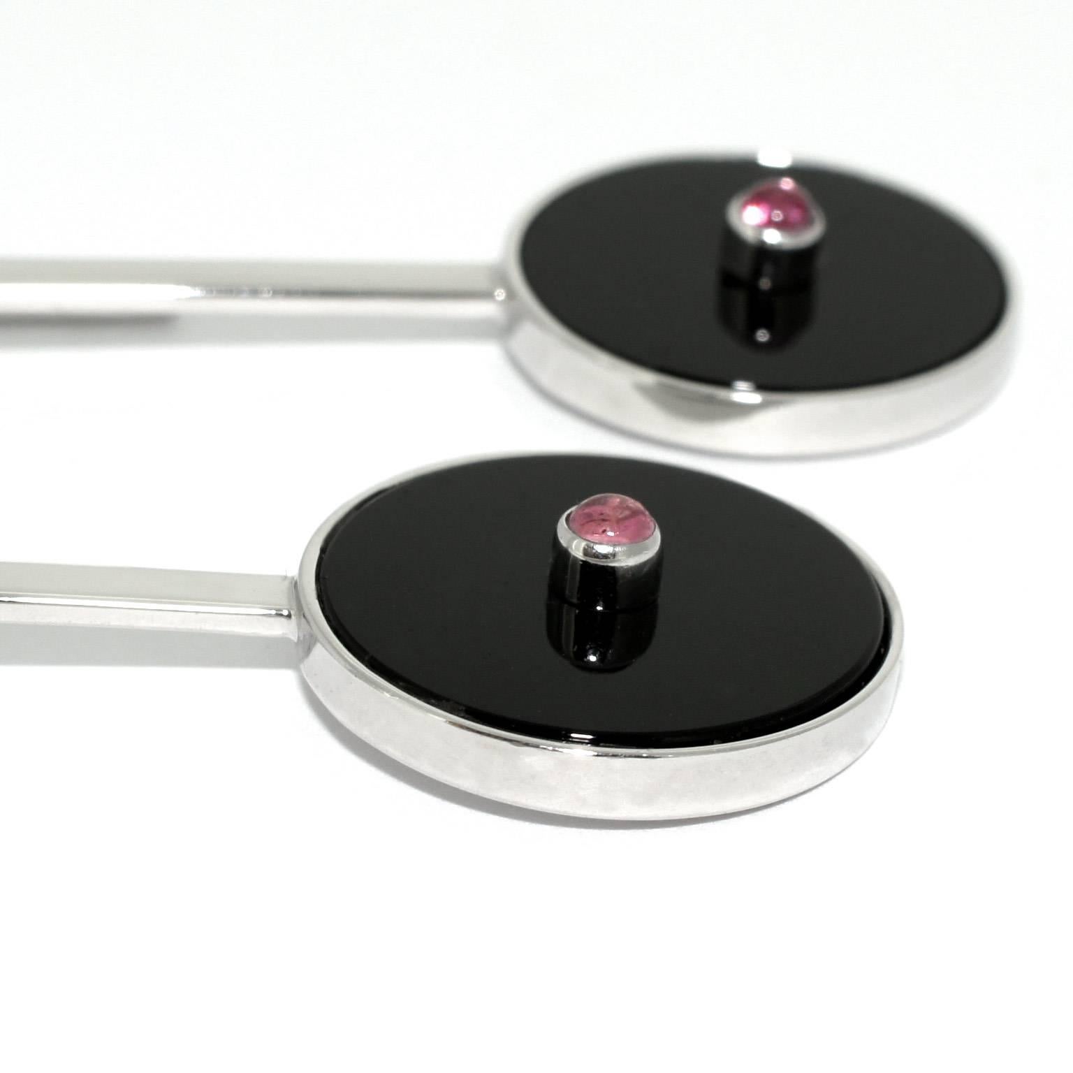 Lizunova Onyx, Black Diamond & Pink Tourmaline White Gold Drop Earrings In New Condition For Sale In Sydney, NSW