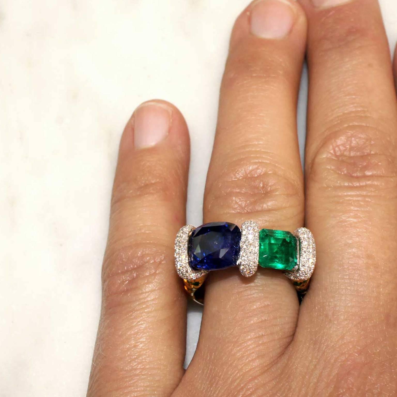 Lizunova Handmade Sapphire, Emerald & Diamond Ring in 18k yellow & white gold For Sale 1