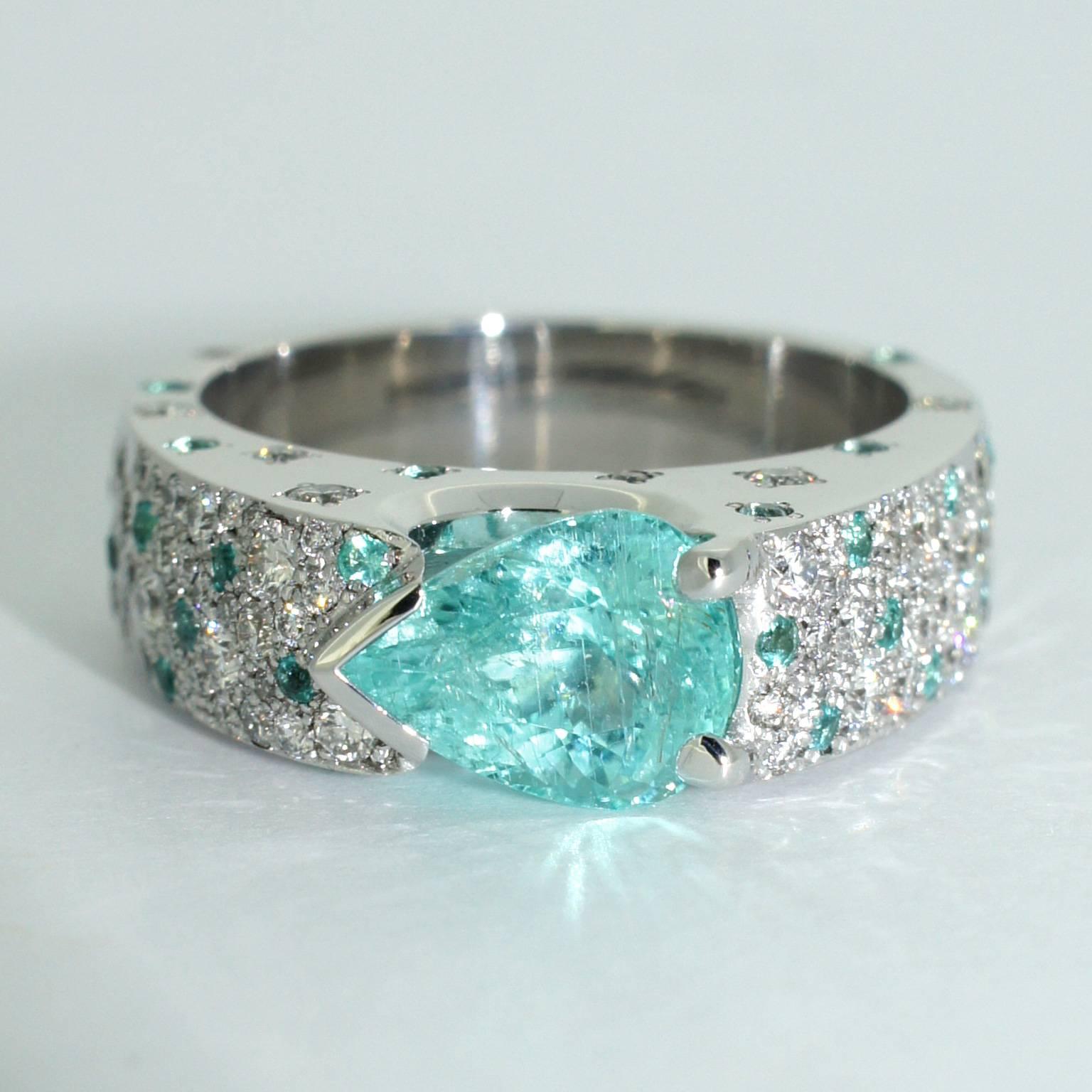 Lizunova One-of-a-Kind Paraiba Tourmaline & Diamond Ring in 18 Karat White Gold For Sale 1