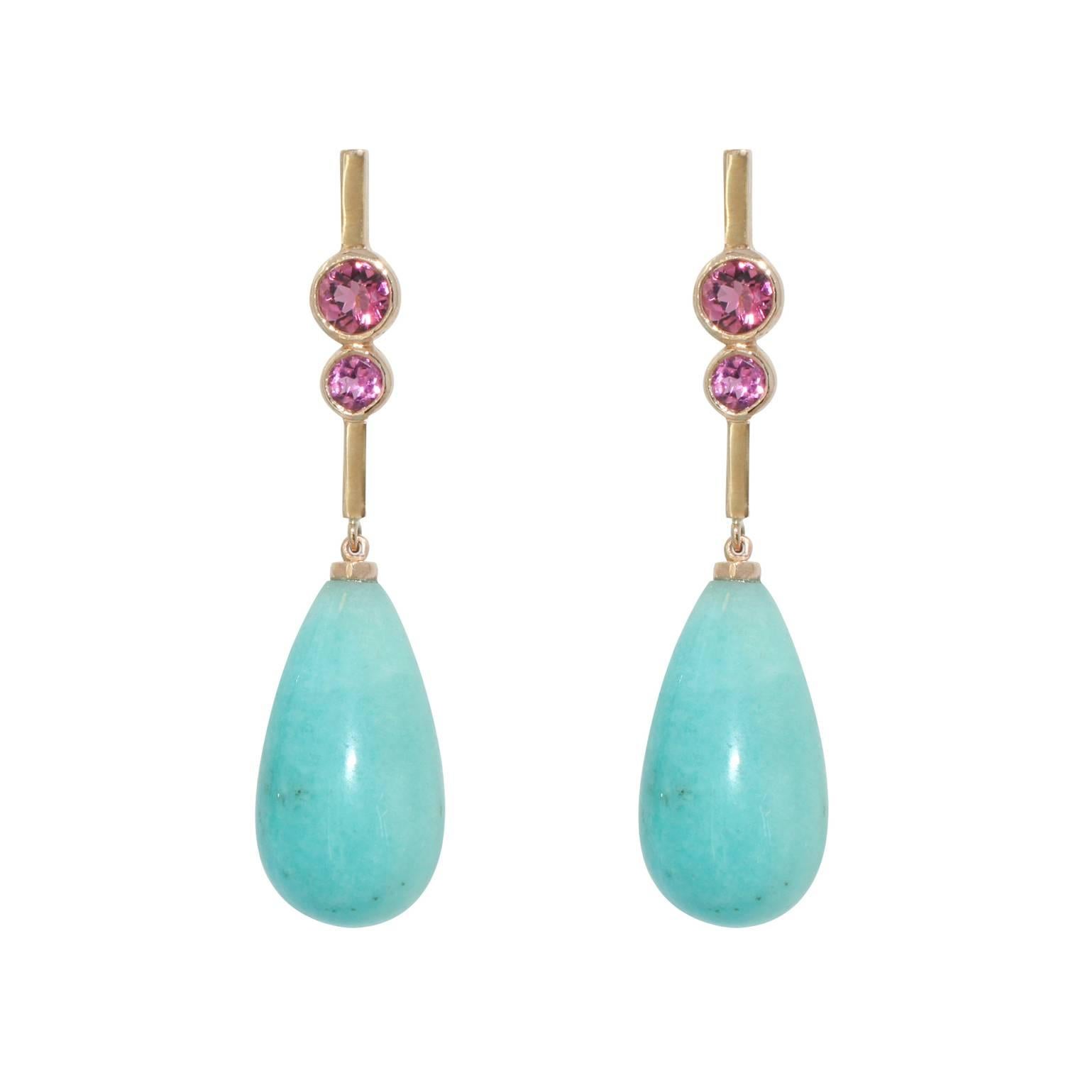 Lizunova Amazonite and Pink Garnet Drop Earrings In New Condition In Sydney, NSW