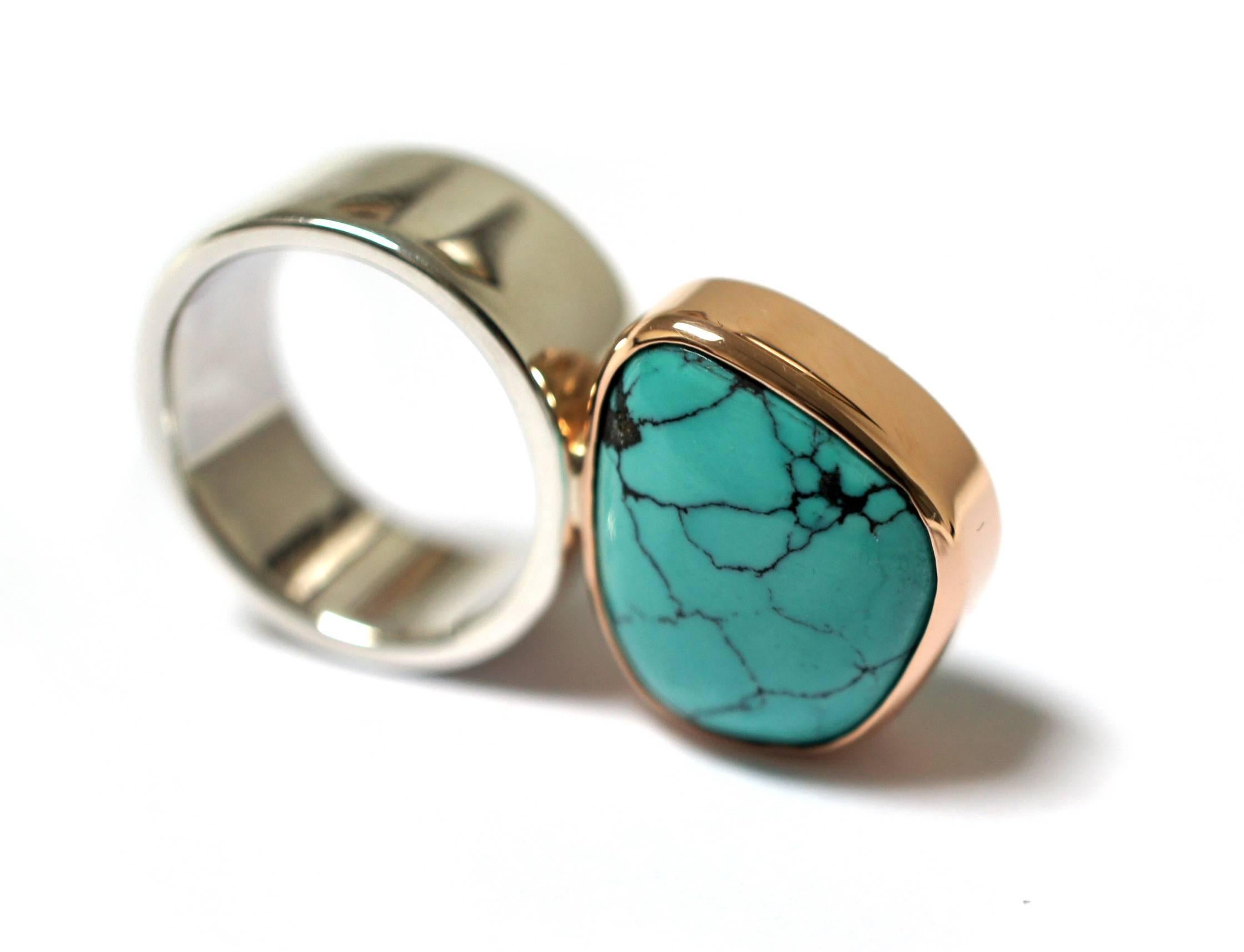 Contemporary Lizunova Turquoise Silver Rose Gold Ring For Sale
